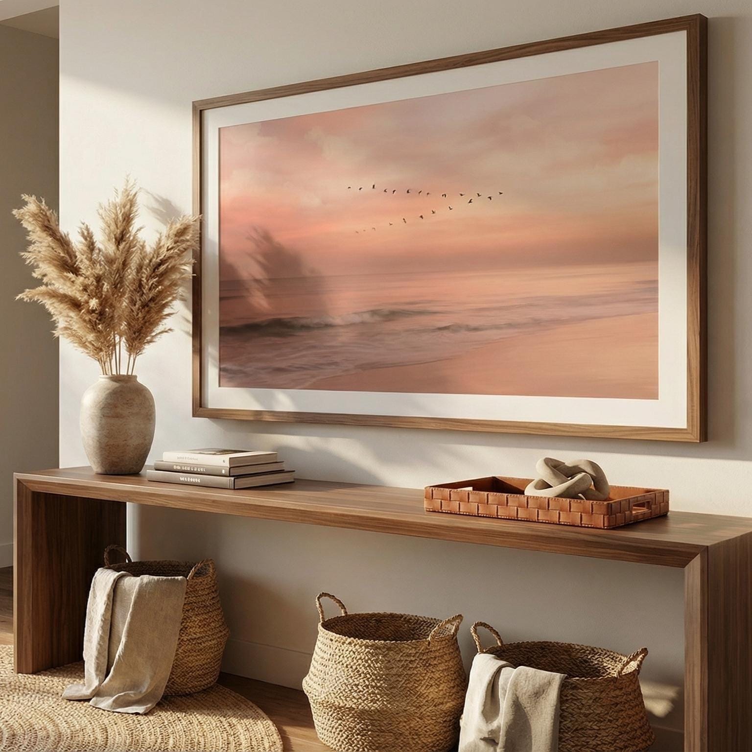 Twilight Beach Art Print, Orange Sunset (Framed or Rolled Canvas)