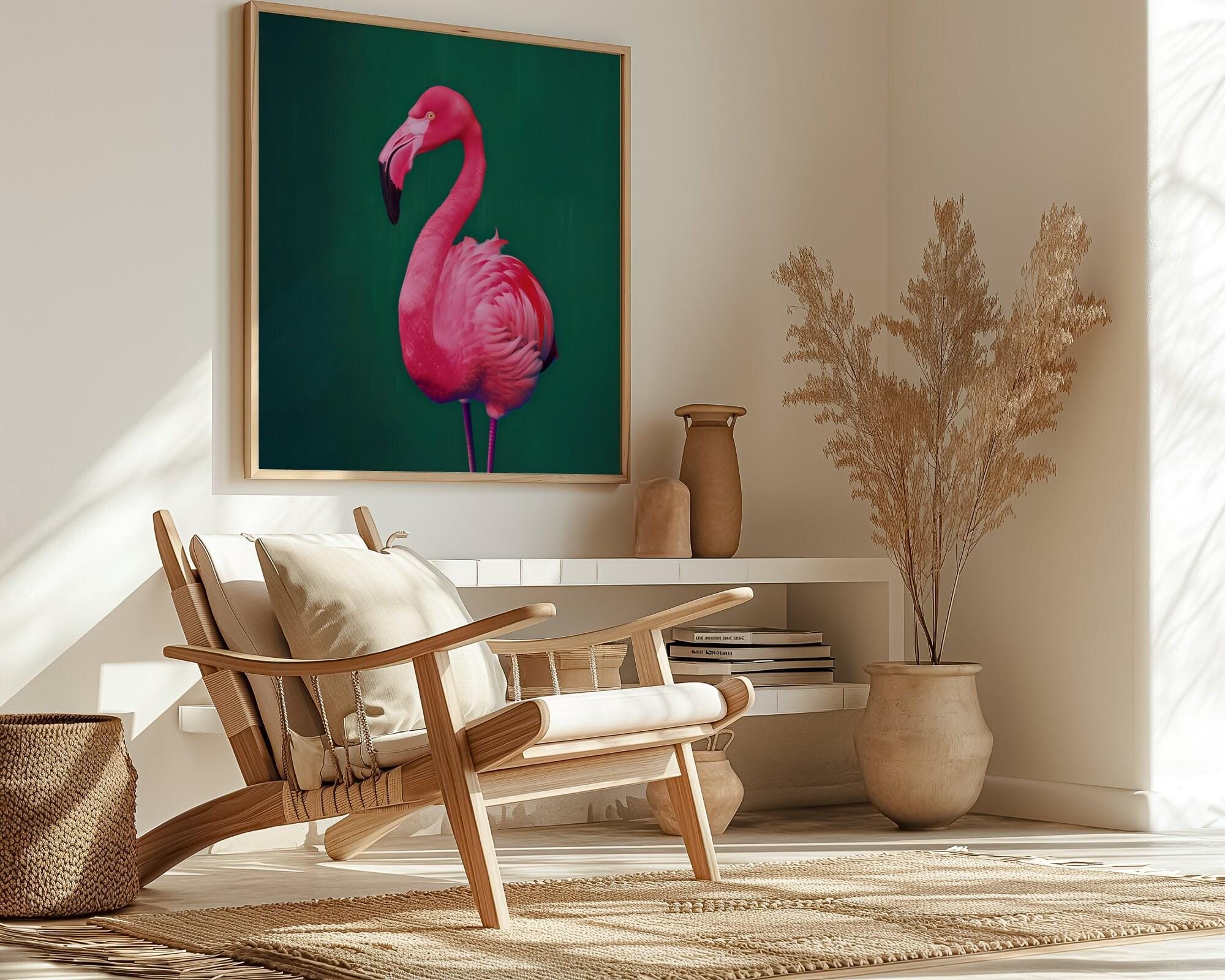Bright Pink Flamingo Wall Art - Neon Colors with Emerald Green Background