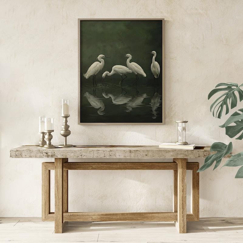 Nature Canvas Art, White Egret and Heron, Moody Green Swamp (Framed or Rolled)