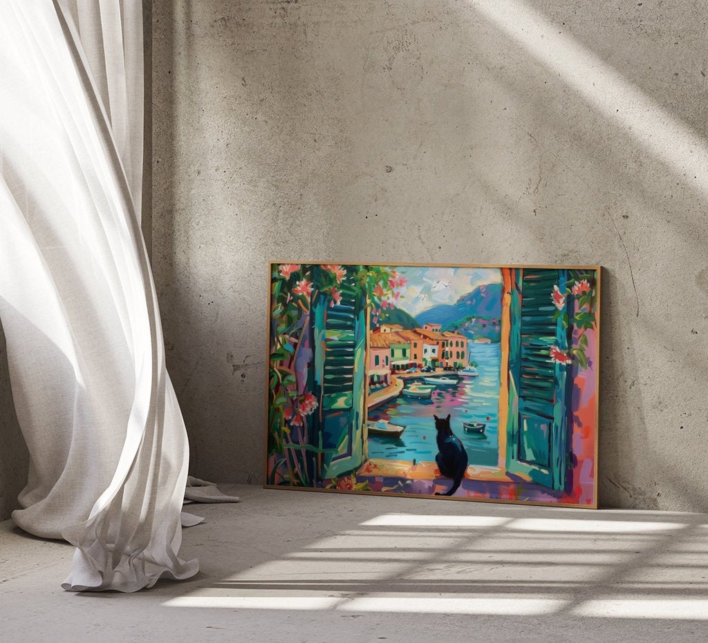 Coastal Town Wall Art: Black Cat, Vibrant Colors, Framed Canvas