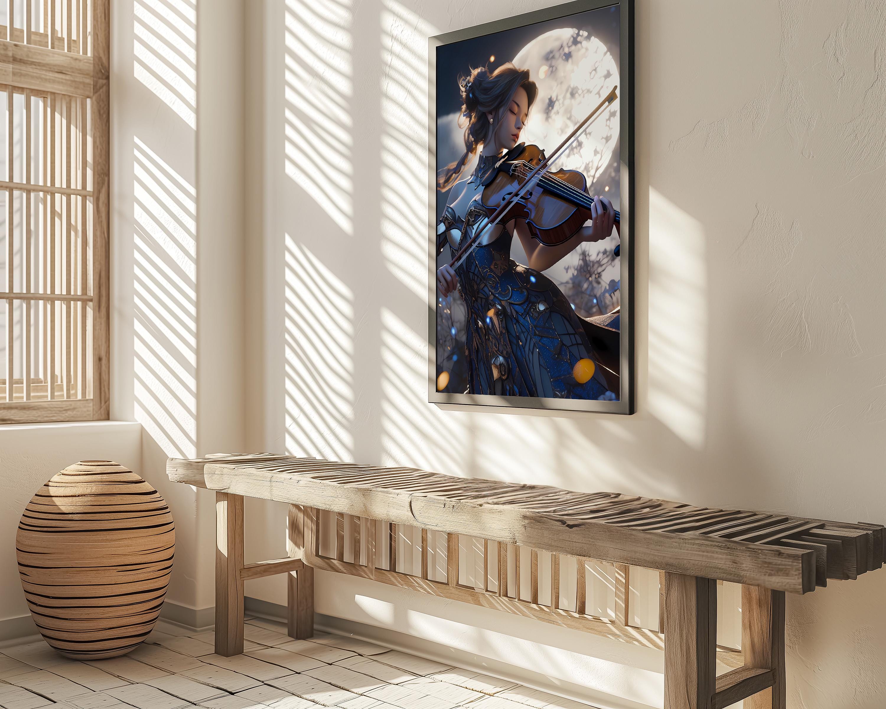 Lunar Sonata: Elegant Violinist in Moonlight Art Print | Romantic & Serene Framed Wall Decor