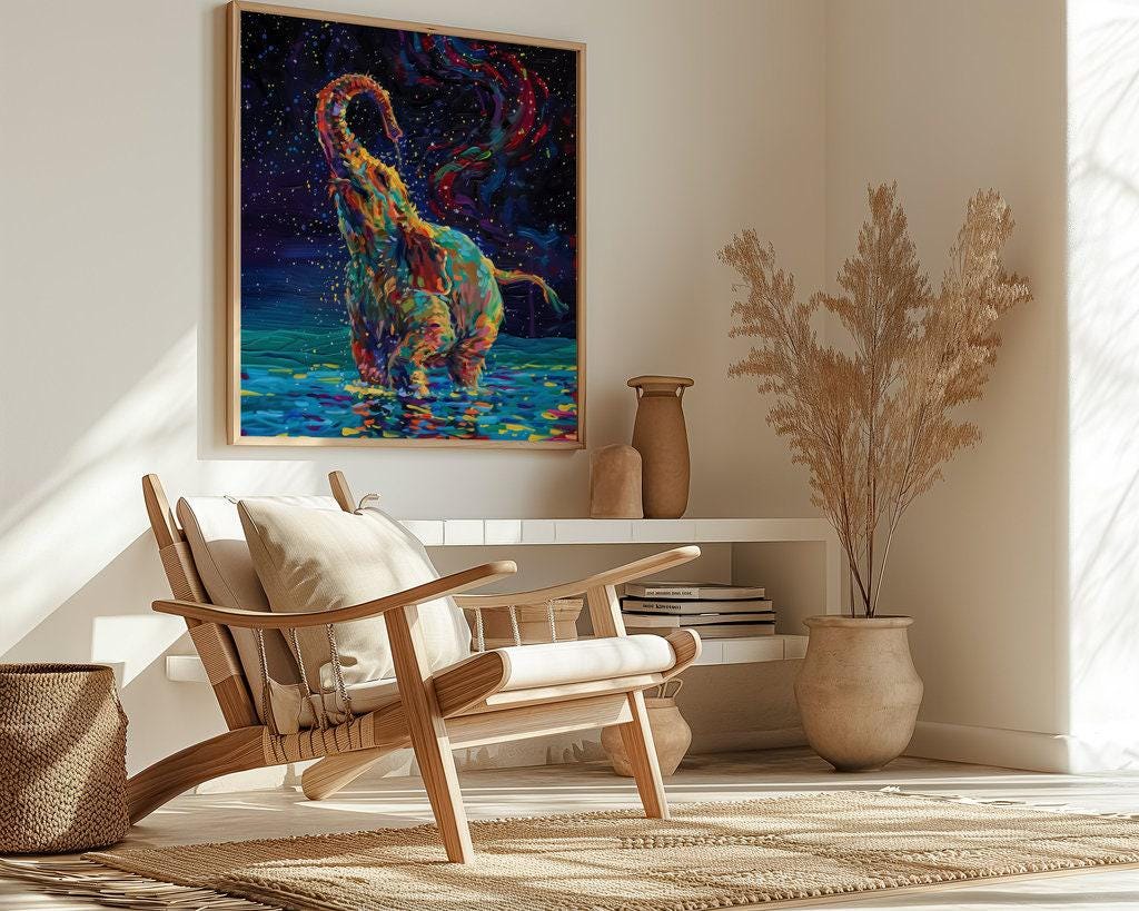 Cosmic Elephant: Fantastical Blue & Colorful Animal Art | Surreal Space Wall Decor