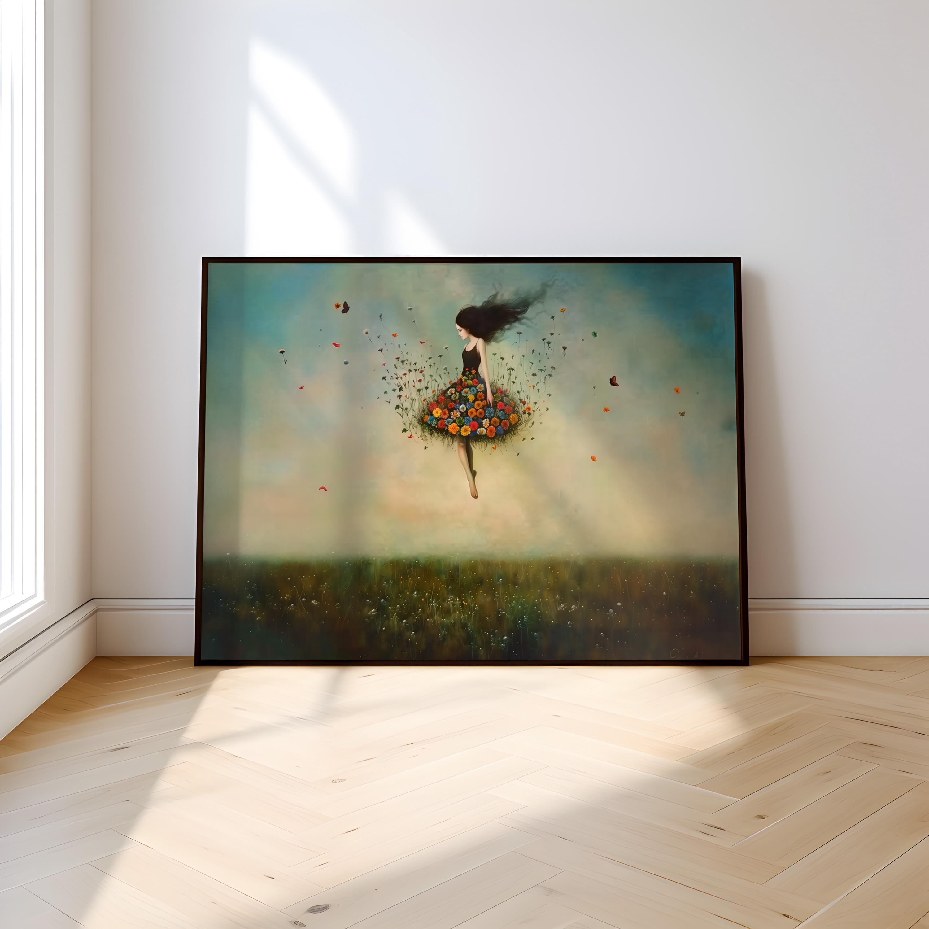 The Ascension: Surreal Woman Floating in a Vortex of Flowers | Fantastical & Ethereal Wall Art