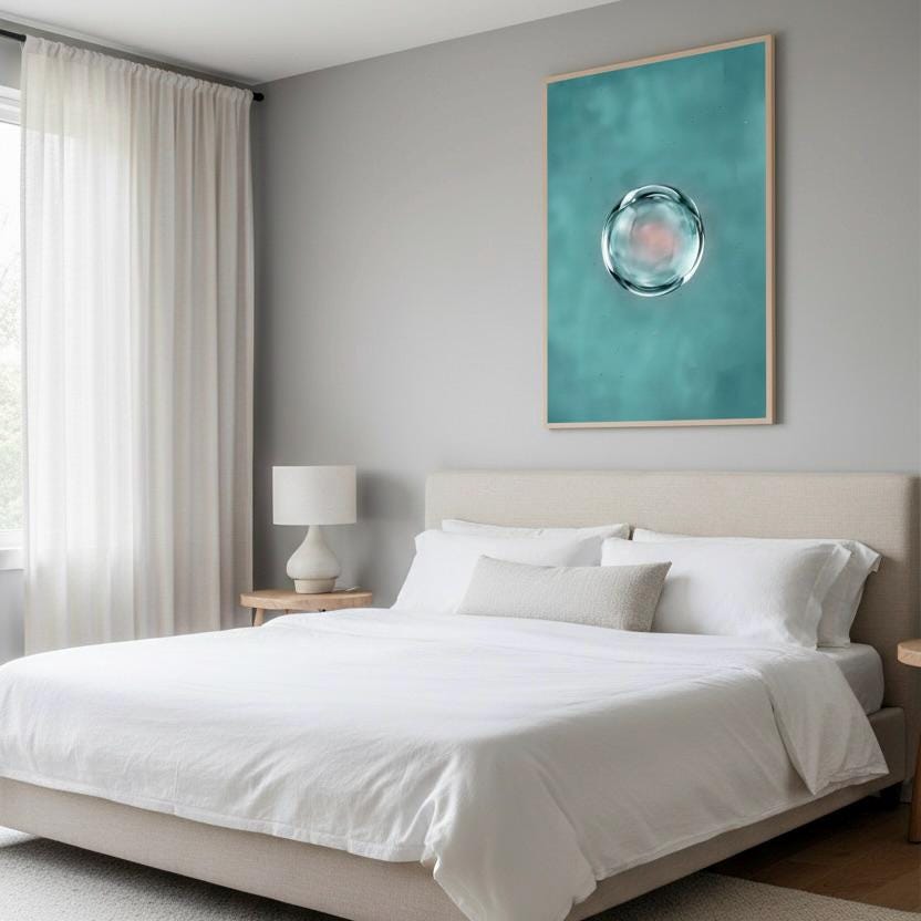a serene and modern bedroom with a large bed, a nightstand, and a framed artwork featuring a water droplet on the wall.