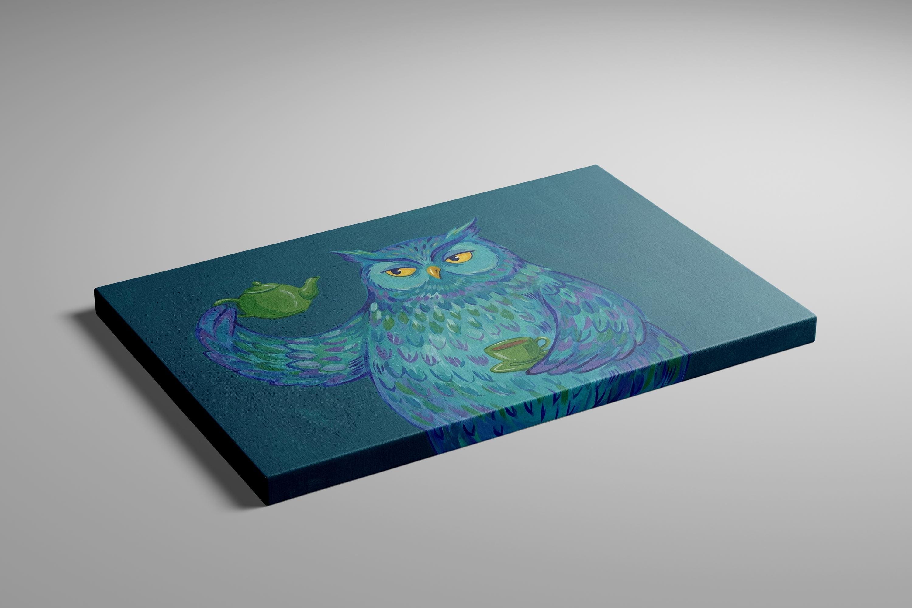 Funny Blue Owl Art Print: Whimsical Tea Time Kitchen Decor
