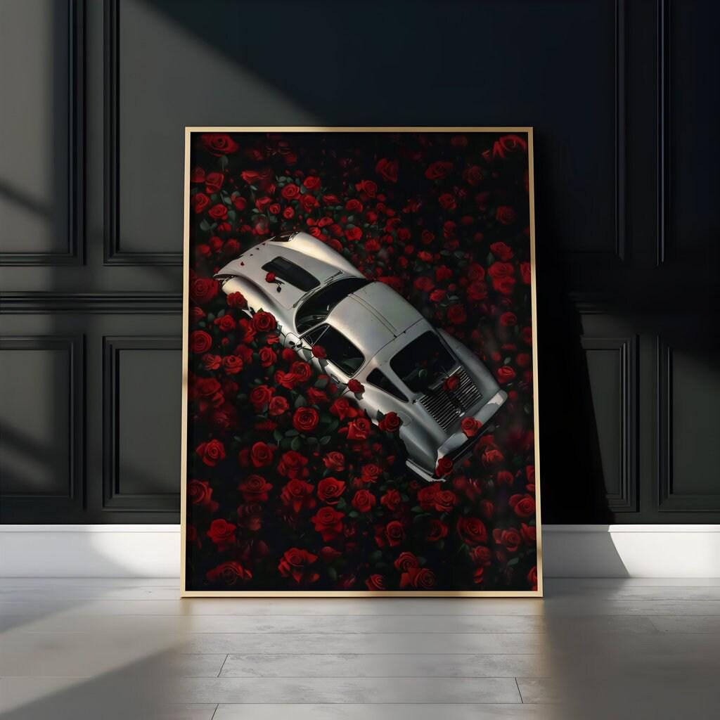 The Last Love Affair: Moody Vintage Car & Red Roses Art | Dark, Romantic & Cinematic Decor