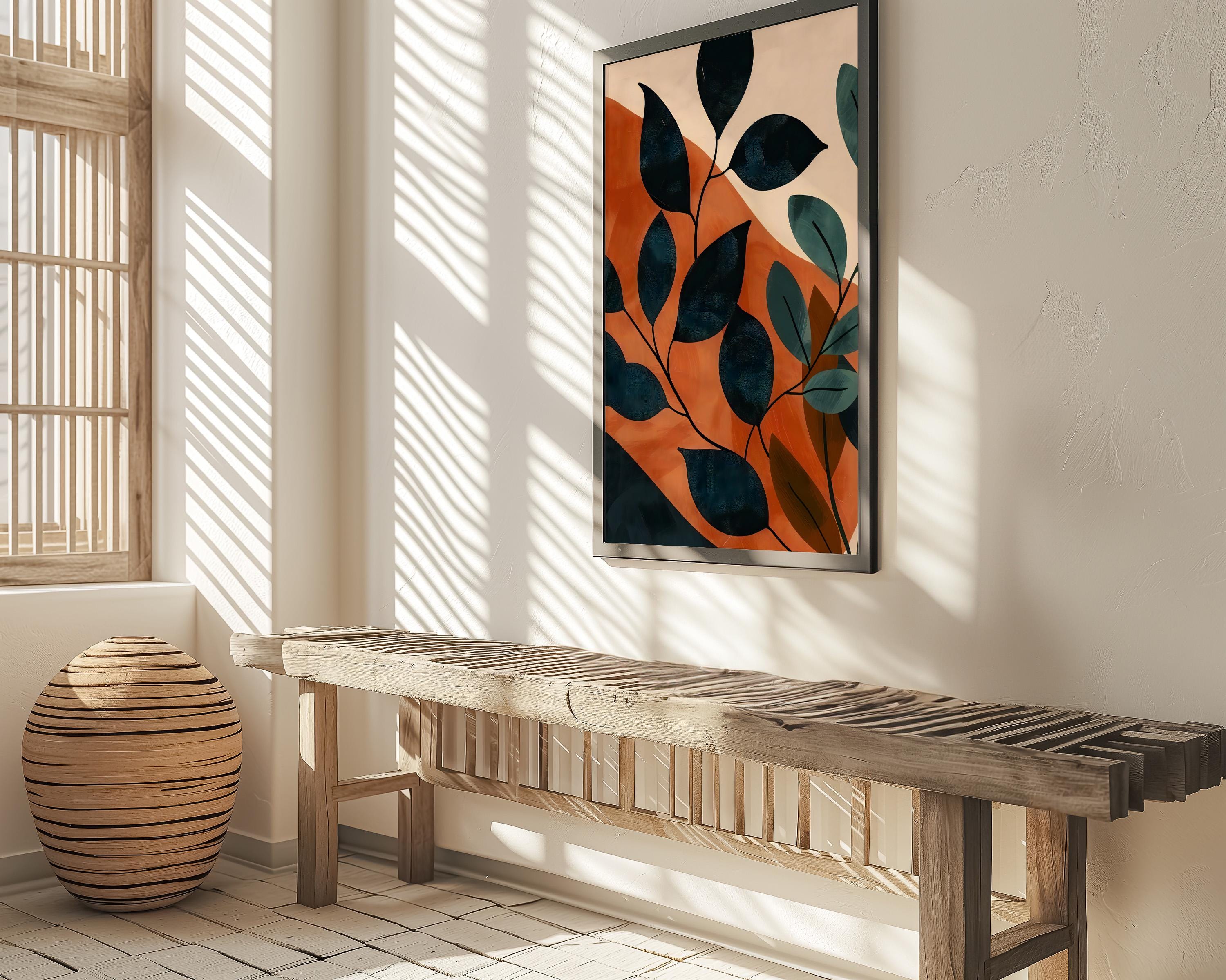 Sunset Leaves: Modern Botanical Abstract Art | Warm Orange & Green Wall Decor