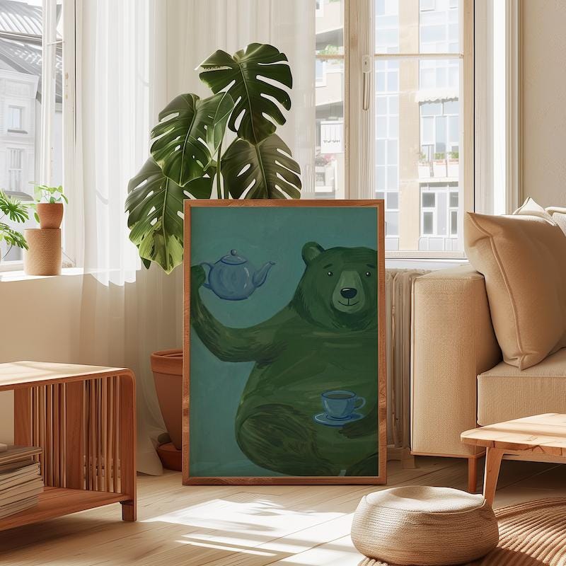 Whimsical Green Bear Wall Art - Playful Tea Party Illustration