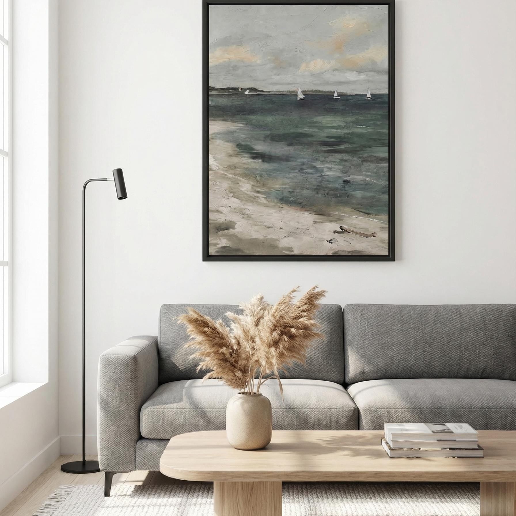 Vintage Coastal Landscape Painting Moody Beach Art Sailboat Print Framed Canvas Coastal Decor