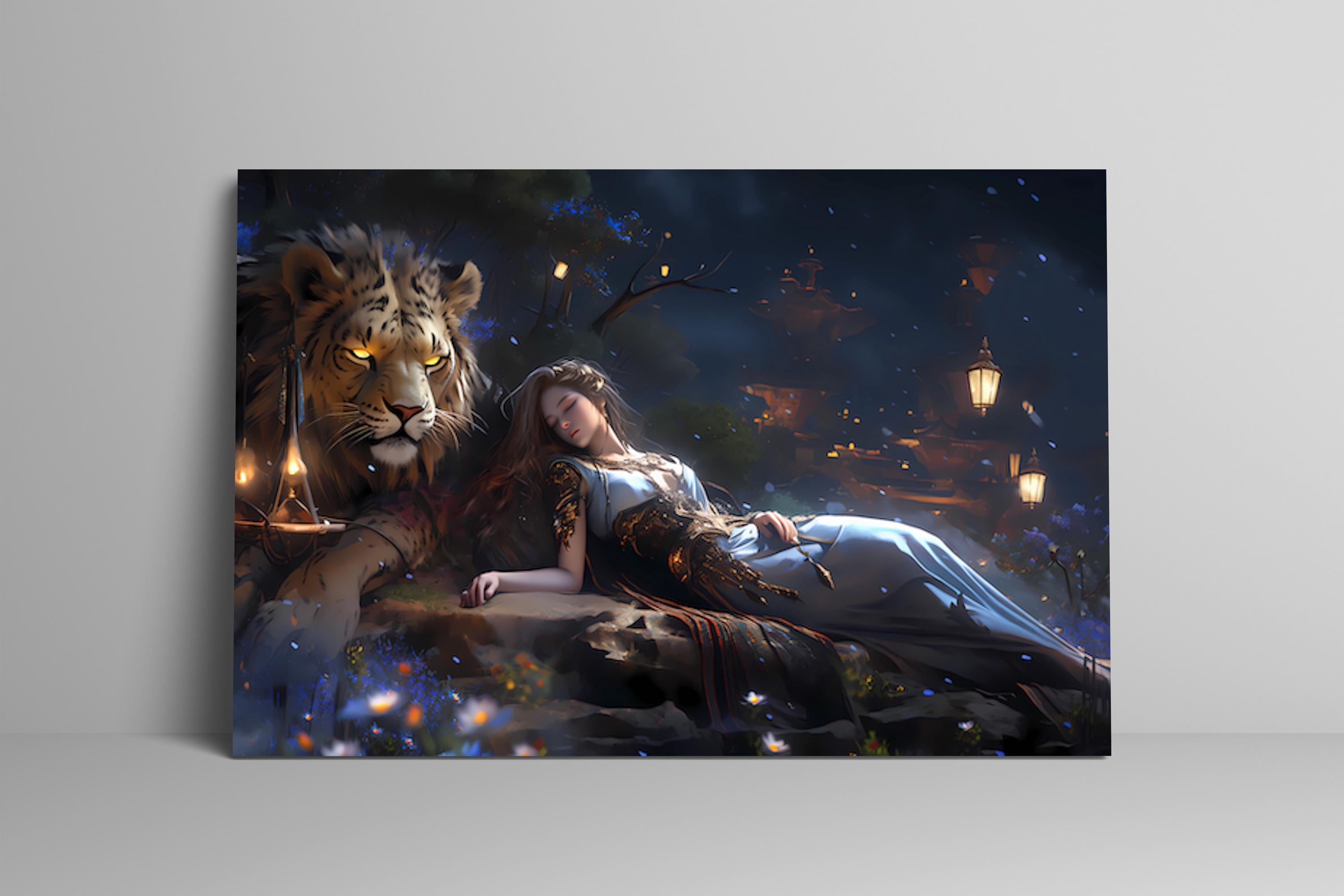 The Dream Guardian: Surreal Lion & Sleeping Woman Art | Mystical & Serene Wall Decor