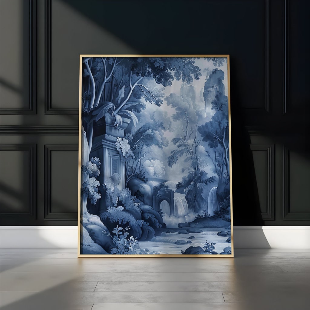 Ethereal Echoes: Blue Monochrome River & Ruins Landscape | Moody & Romantic Wall Art