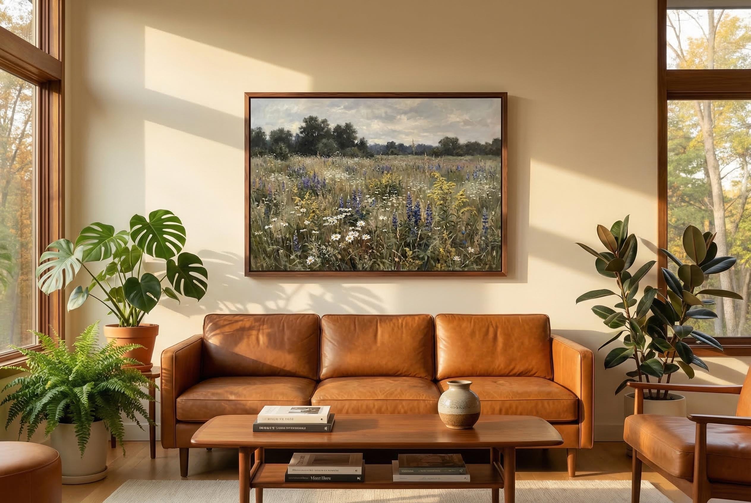 Vintage Wildflower Meadow Painting, Moody Cottagecore Landscape Art, Rustic Floral Farmhouse Decor