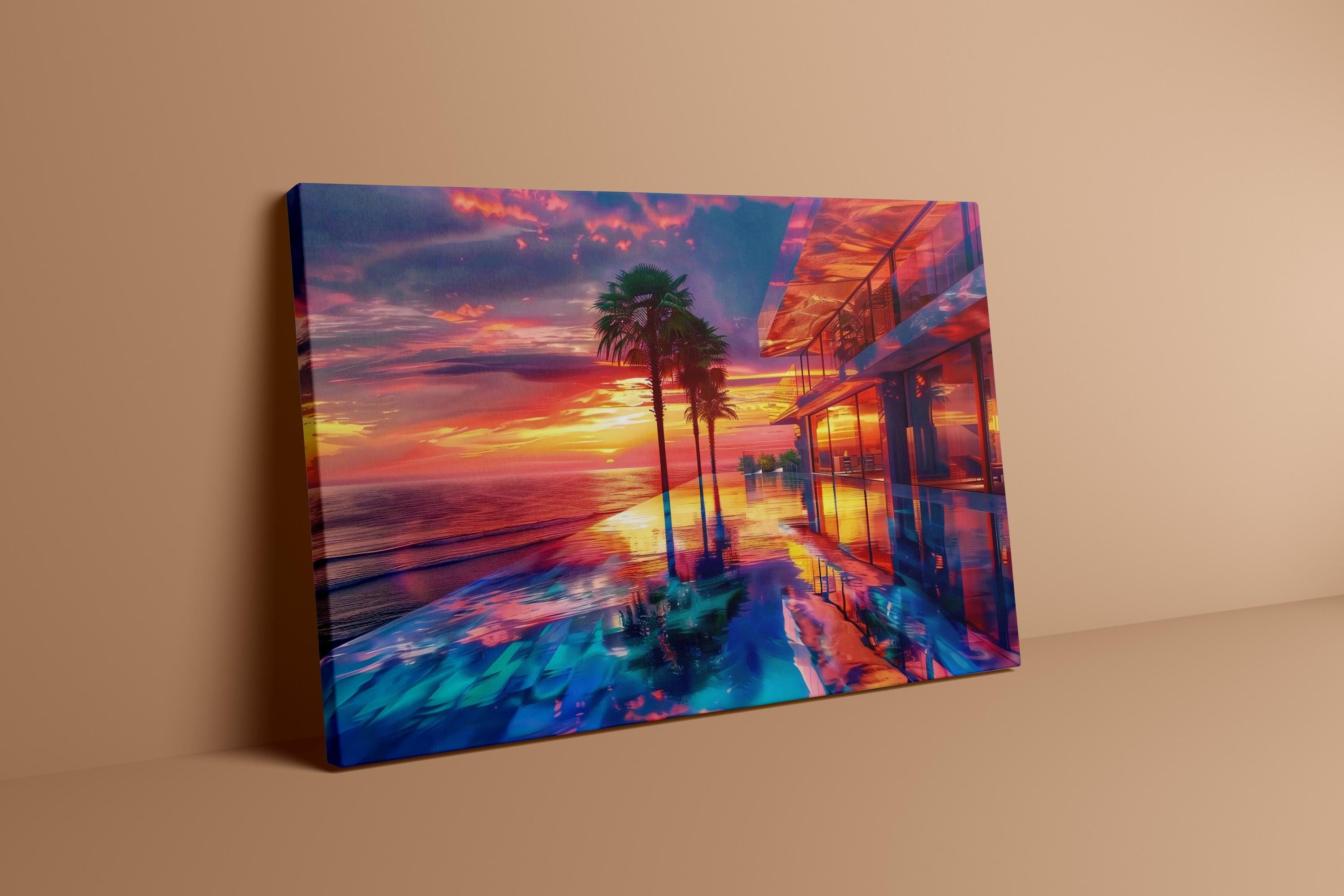 Tropical Sunset Paradise: Serene Palm Tree Silhouette Canvas Art | Calming Beach Wall Decor