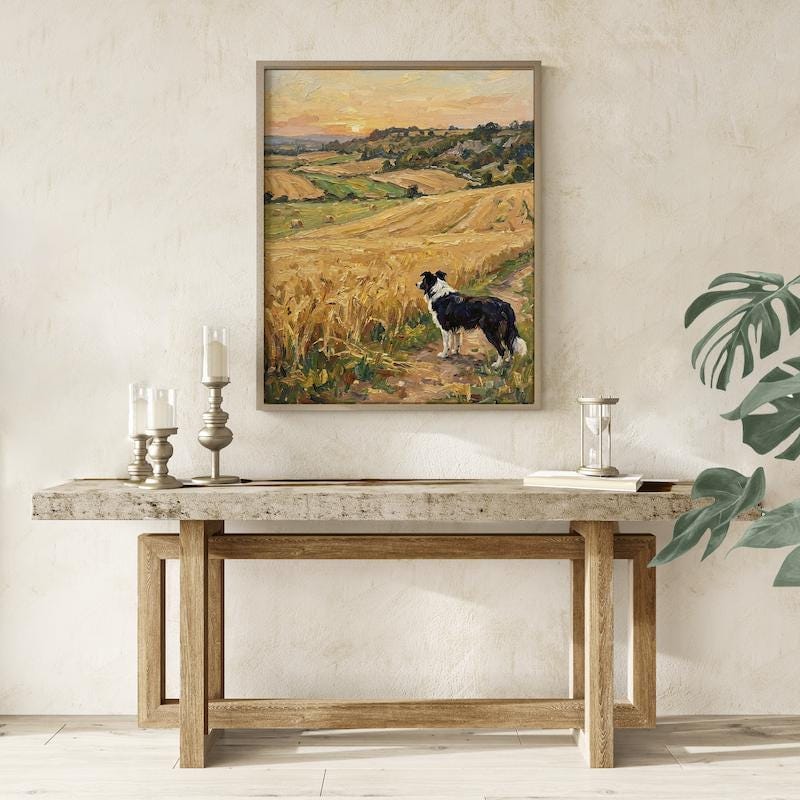 Rustic Border Collie Wall Art - Golden Wheat Field Scene