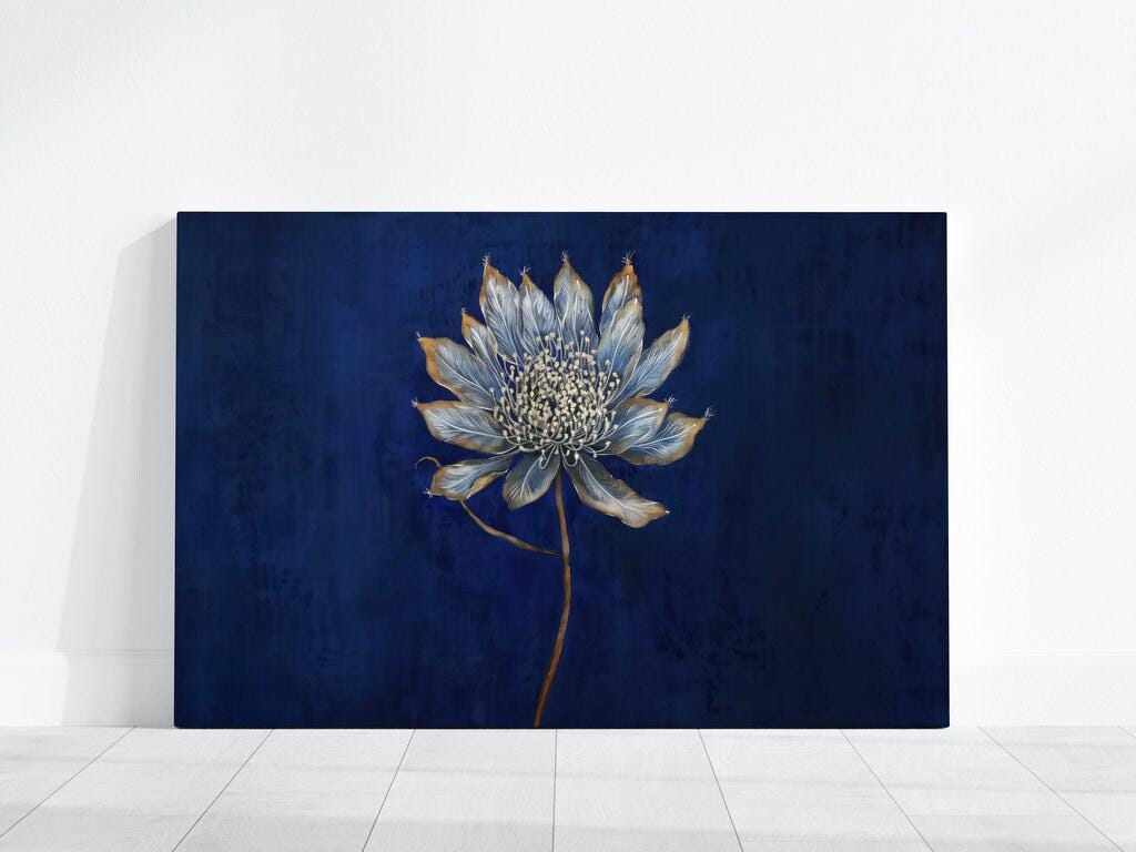Modern Minimalist Flower: Elegant Gray & White Botanical Art | Deep Blue Wall Decor