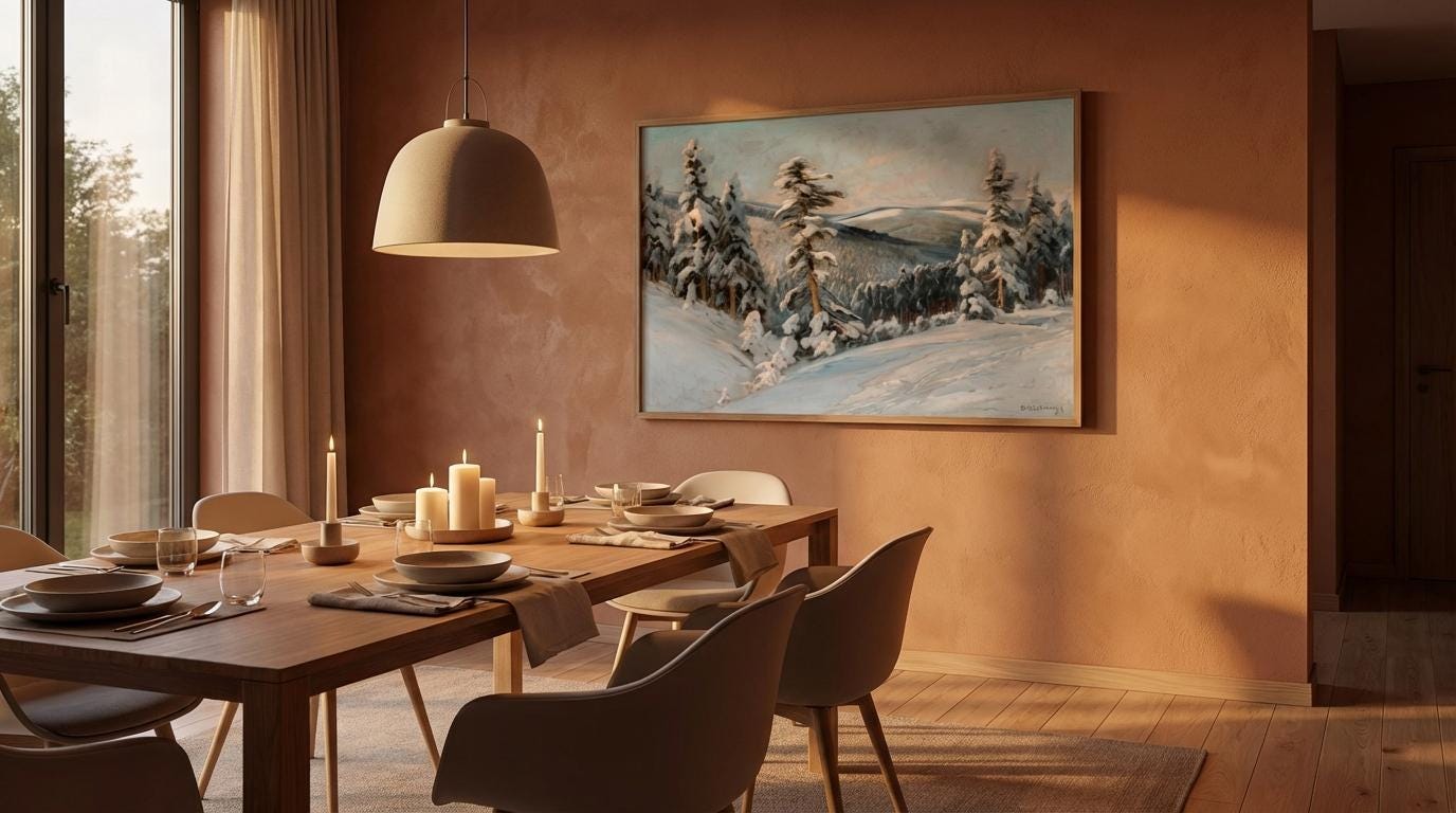 Cozy Winter Wall Art – Snowy Forest Print with Rustic Cabin Decor & Serene Nature Scene