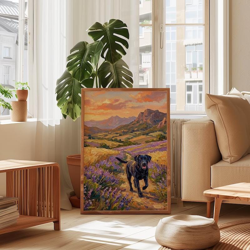 Black Labrador Canvas Art, Lavender & Wheat Field Landscape (Ready to Hang)