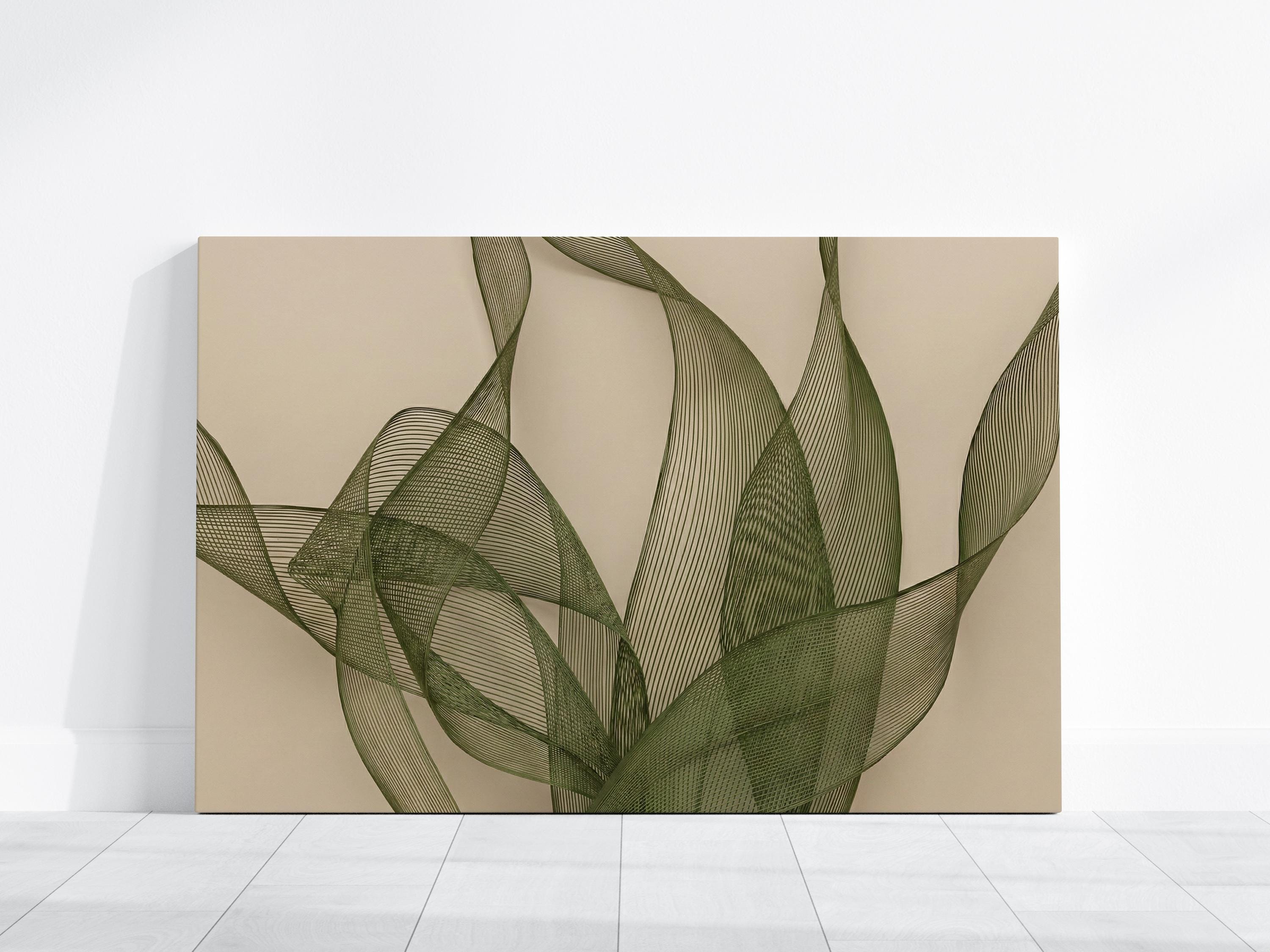 Abstract Olive Green Wall Art: Modern Sage and Beige Mesh Print