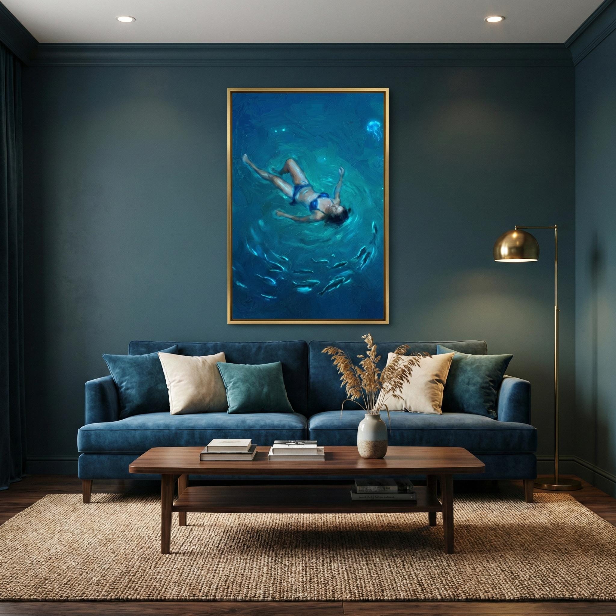 Night Swim Wall Art: Glowing Jellyfish - Moody Ocean Scene