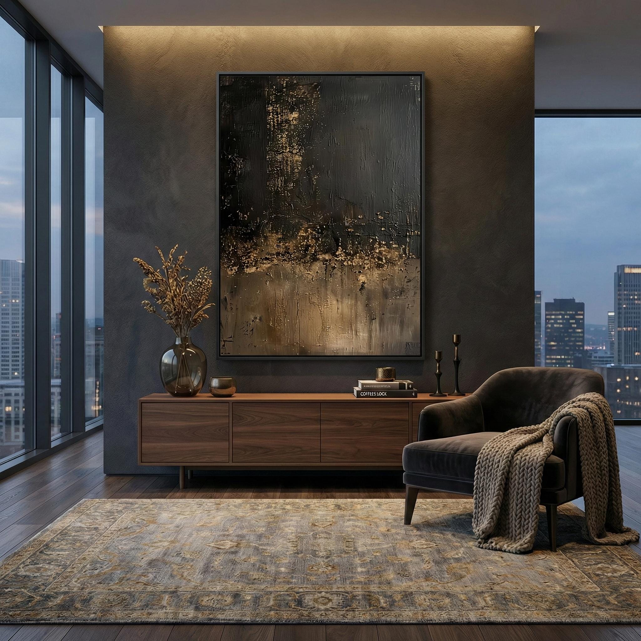 Abstract Wall Art: Black, Gold, Brown Minimalist Canvas (Living Room Decor)