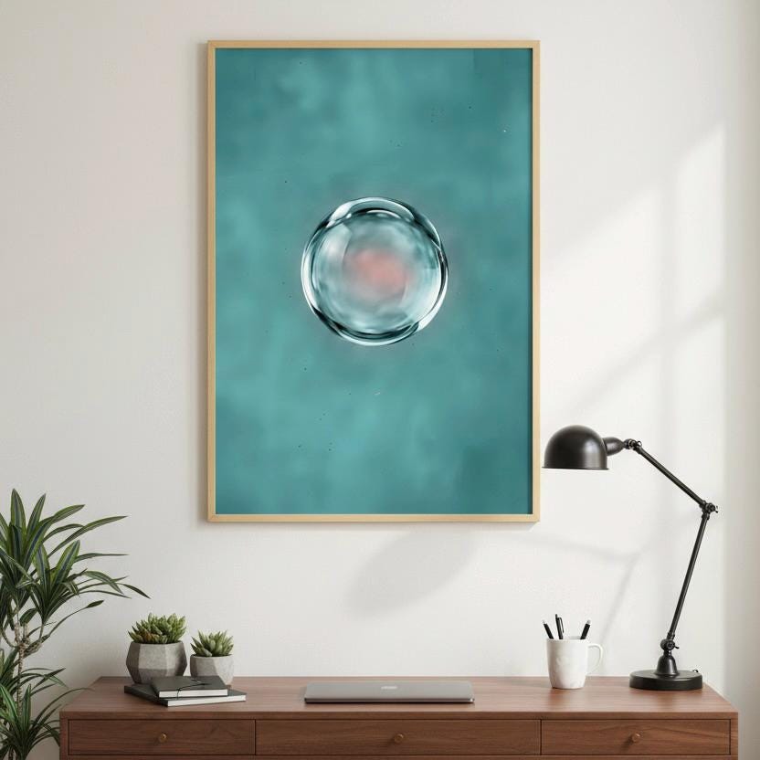 a framed photograph of a water bubble on a wall, with a wooden desk and a lamp in the foreground.
