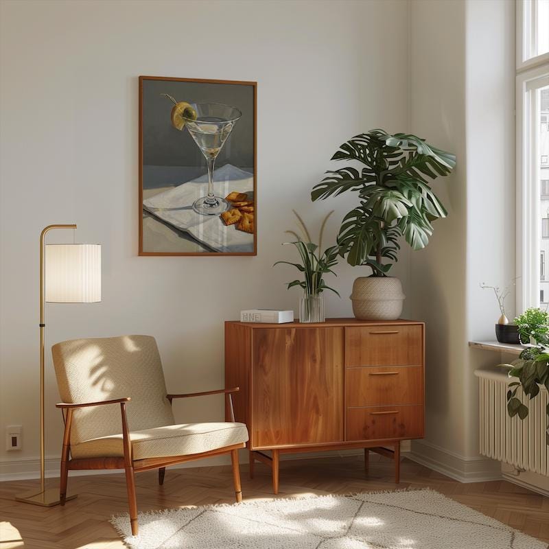 Cocktail Wall Art: Martini with Lemon Twist - Mid Century Modern Style