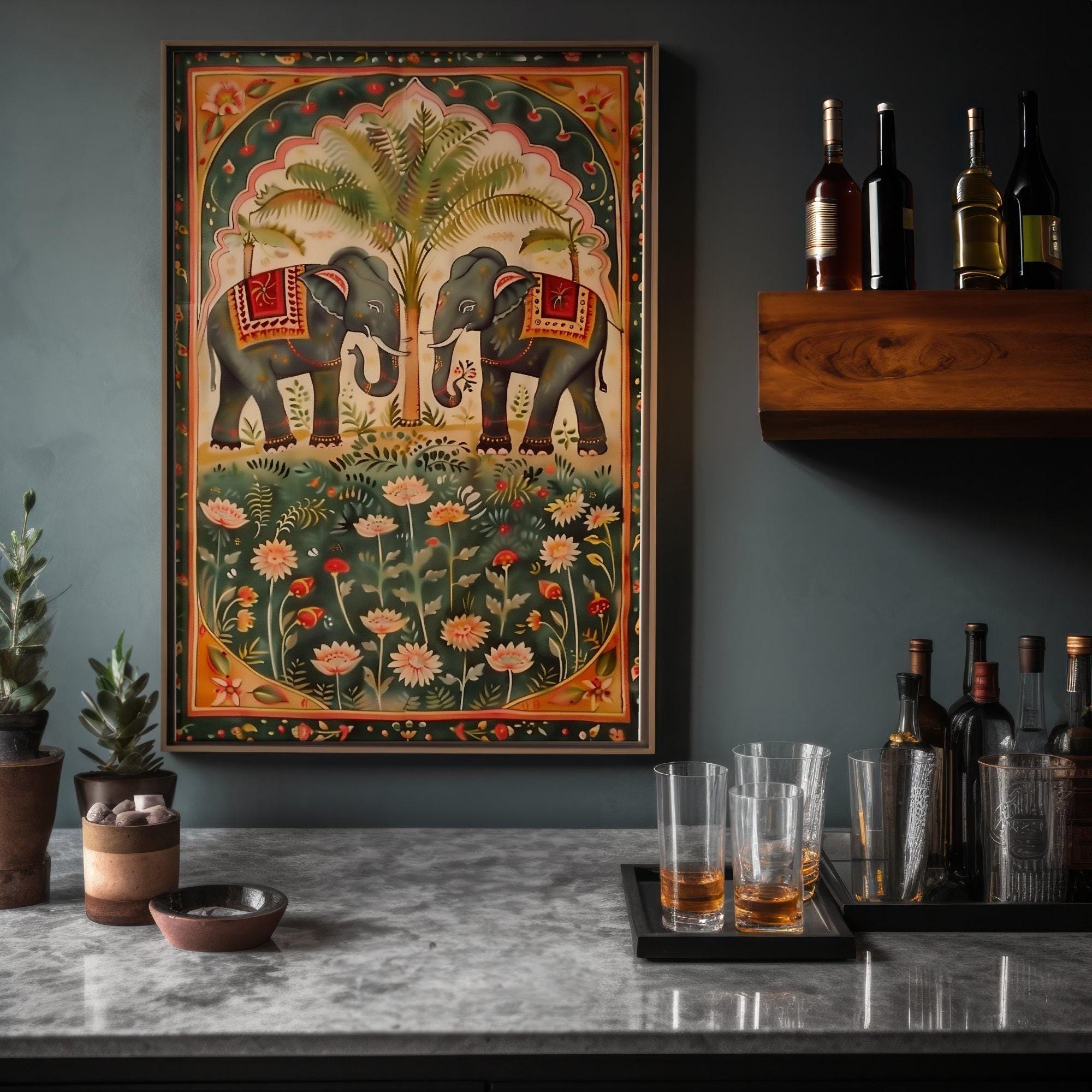 Pichwai Elephant & Lotus Art: Traditional Indian Floral Canvas | Vintage Cultural Wall Decor