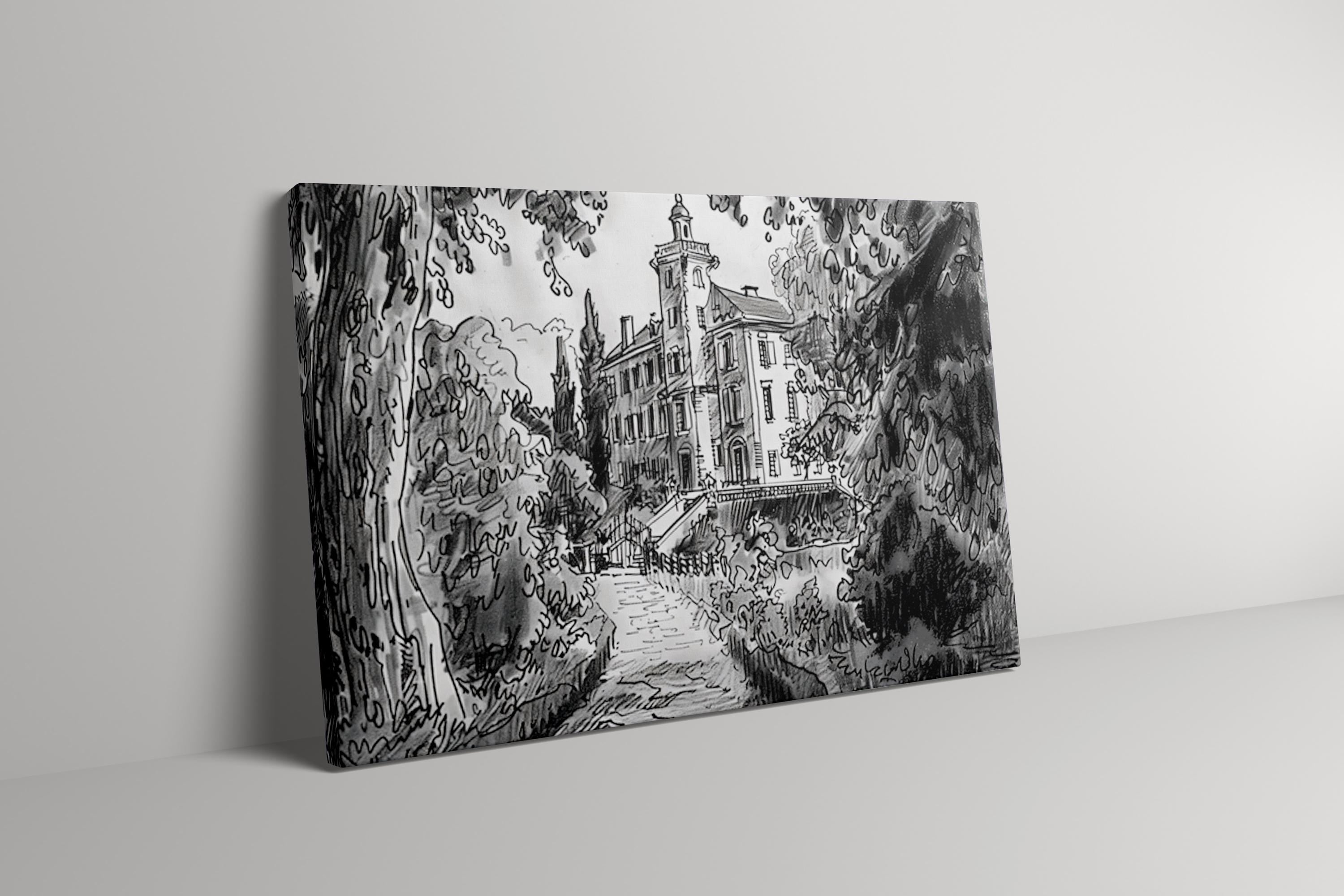 Timeless Elegance: Stately Manor House Ink Drawing | Classic Architectural Wall Art