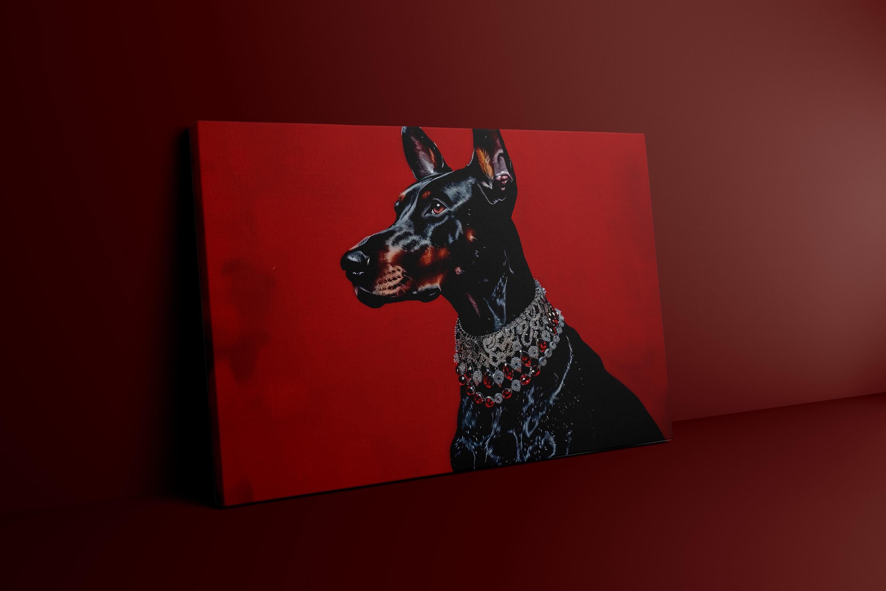 The Guardian: Black Doberman Pinscher Portrait with Red Gem Collar | Regal & Elegant Dog Art