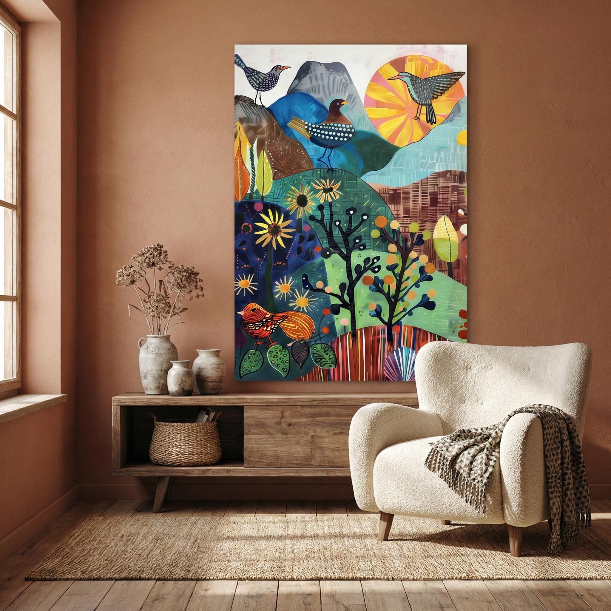 Little Green Valley Wall Art: Serene Birds and Mountain Landscape