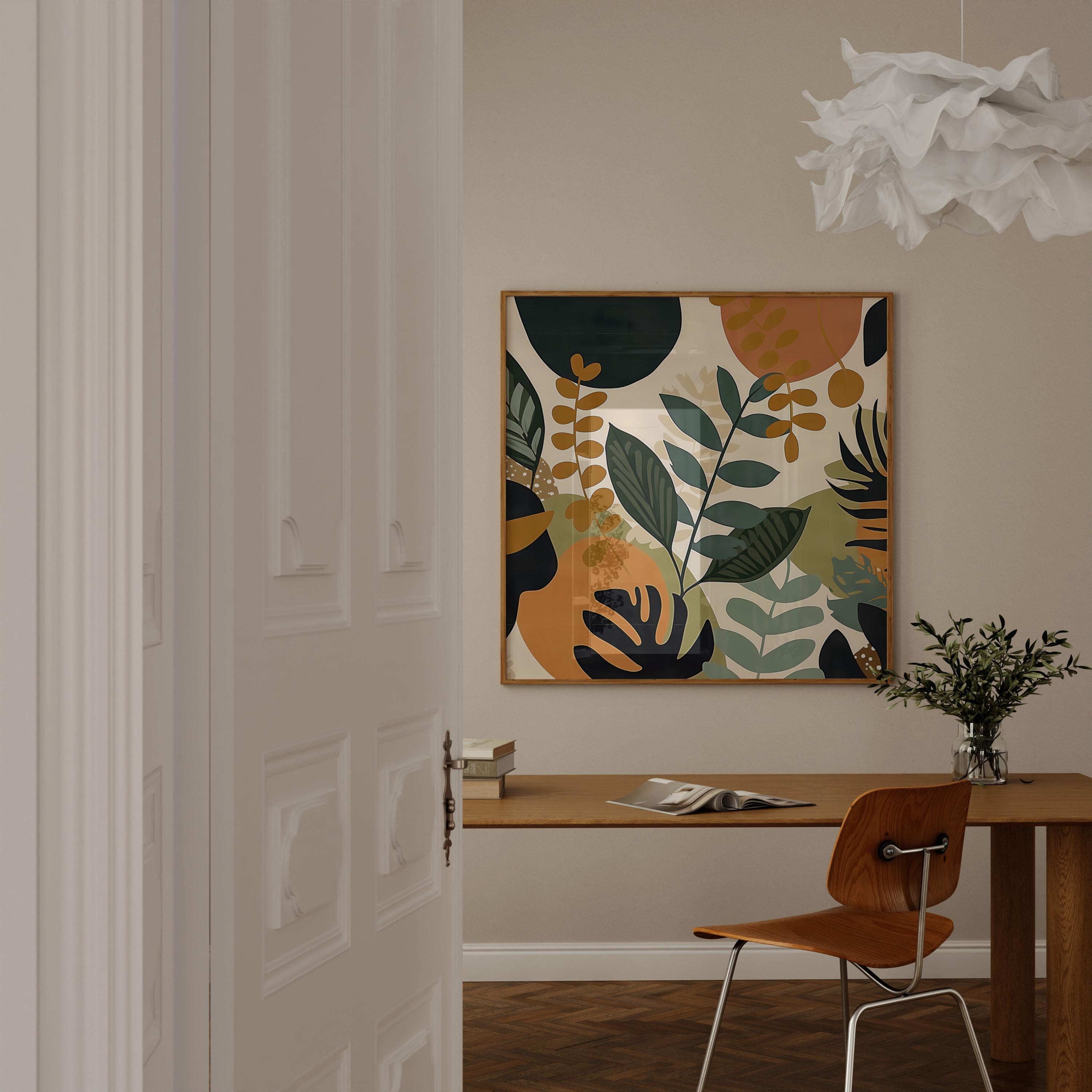 Boho Tropical Leaves Canvas, Mid-Century Modern Style (Ready to Hang)