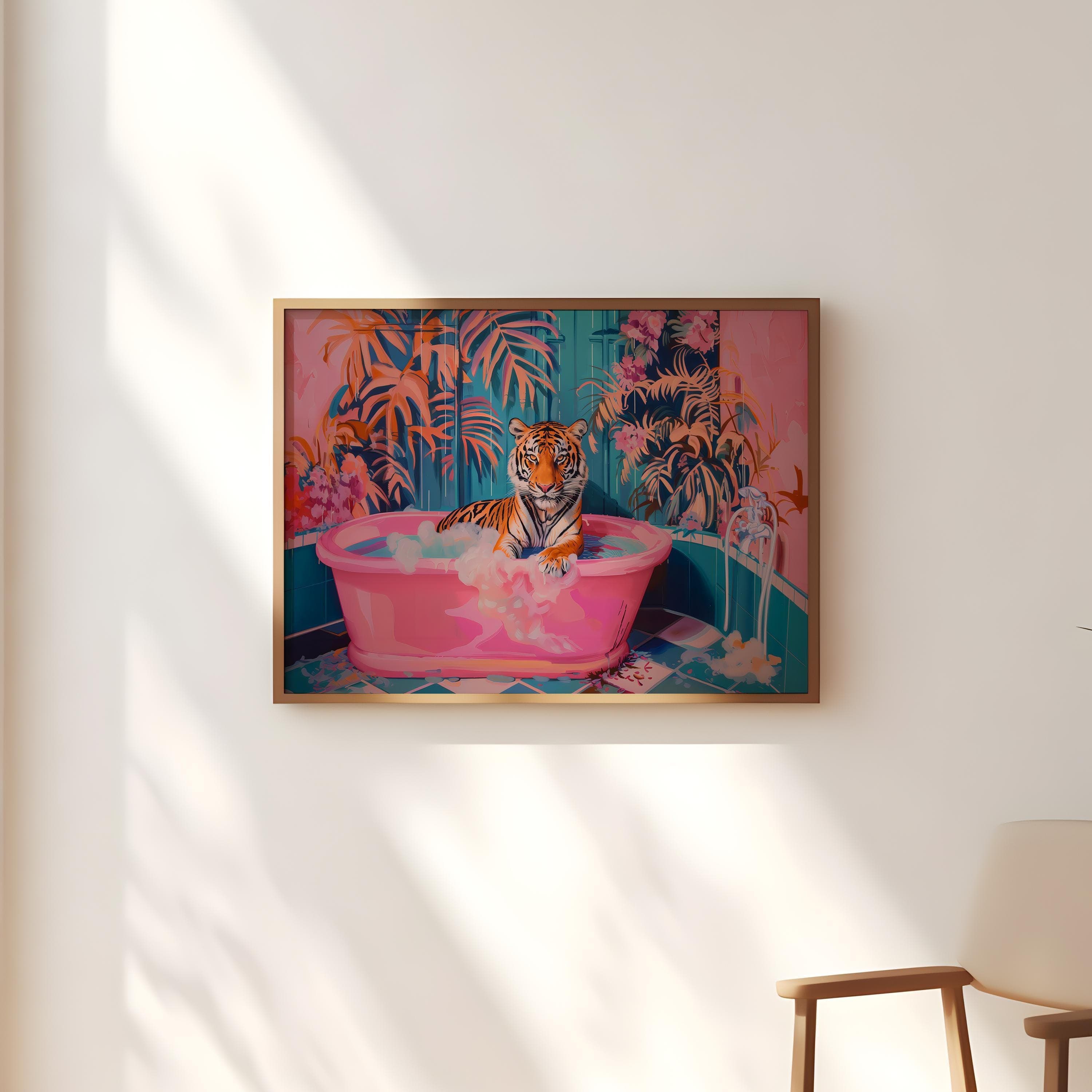 Chic Tiger Wall Art: Pink Bathtub, Maximalist Bathroom Decor