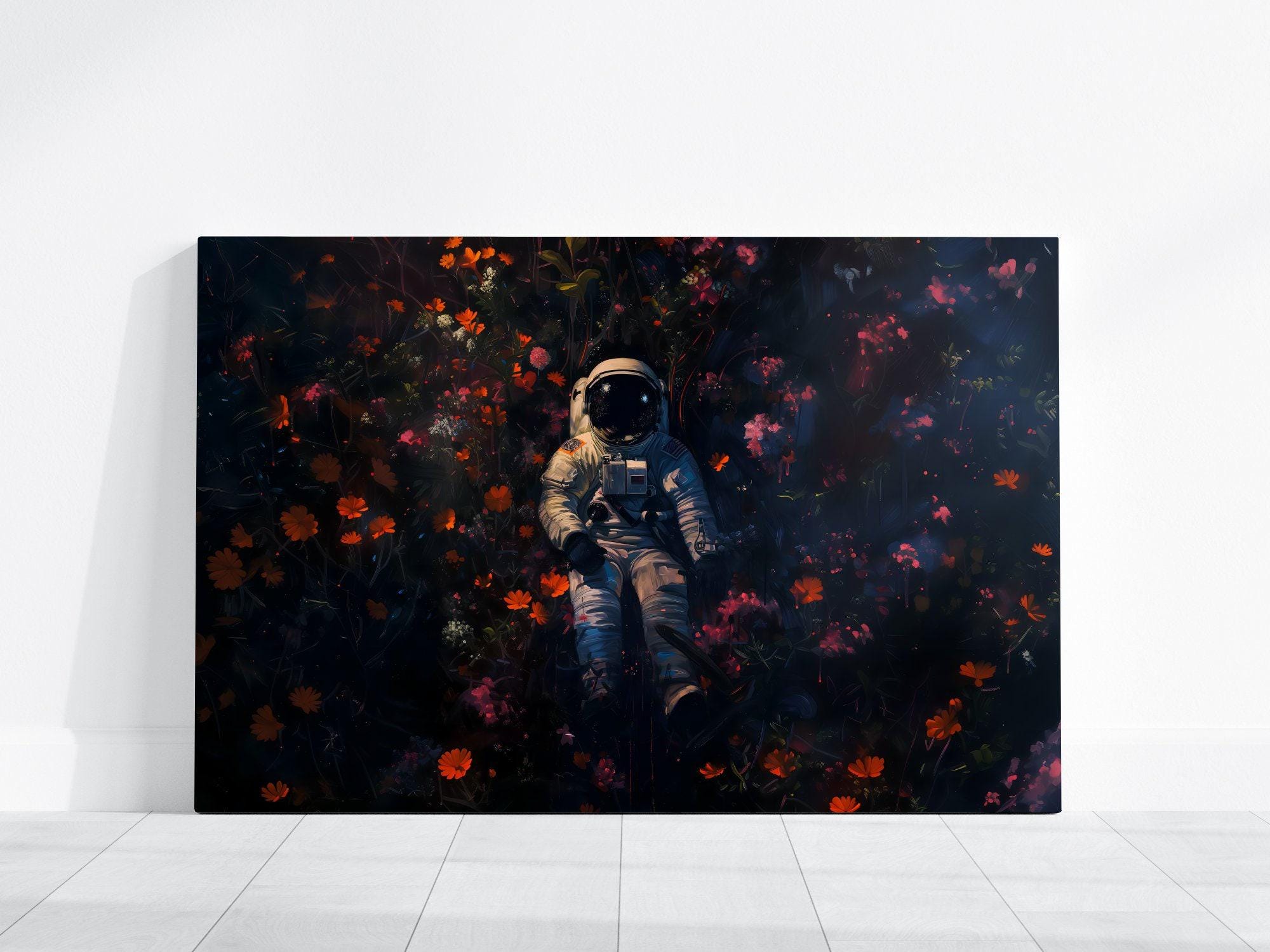 Floral Cosmos: Surreal Astronaut & Flowers Art | Whimsical Space and Nature Decor
