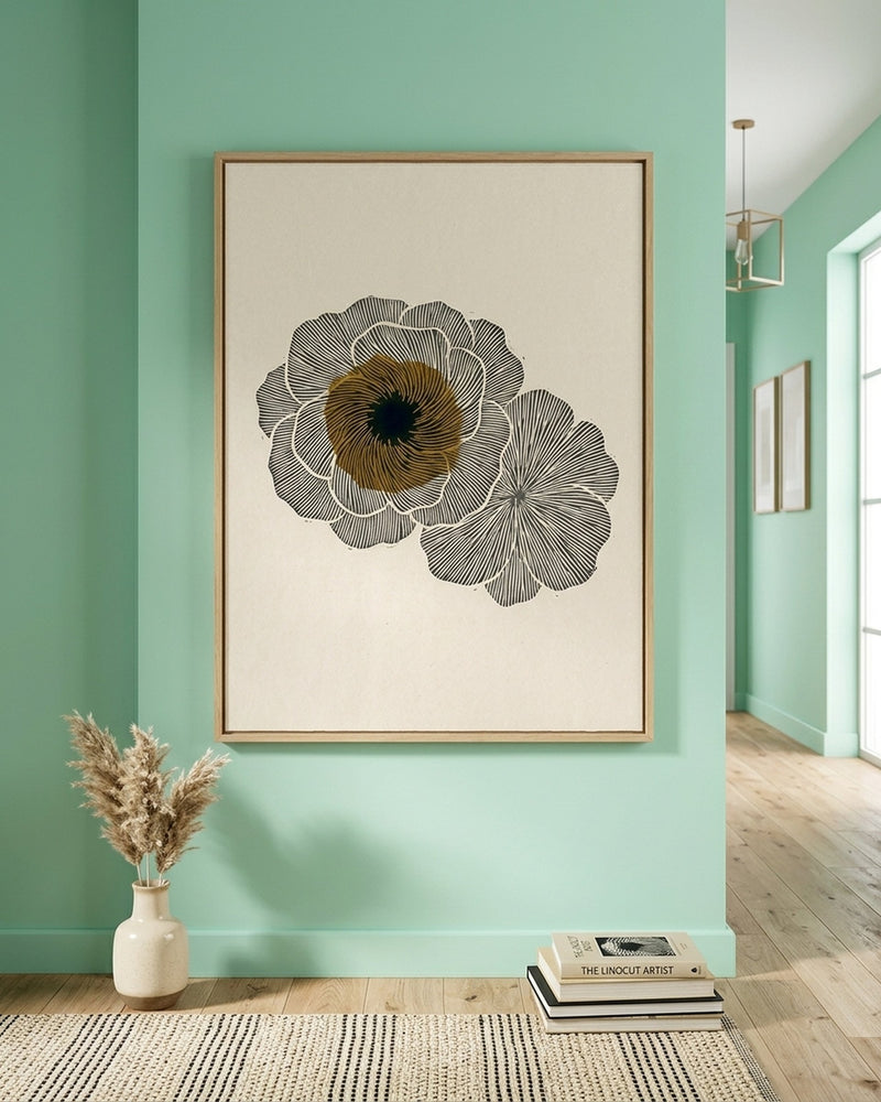 Abstract Floral Linocut Style Print, Minimalist Botanical Wall Art, Black Cream Gold Flower Art, Mid-Century Modern Boho Decor