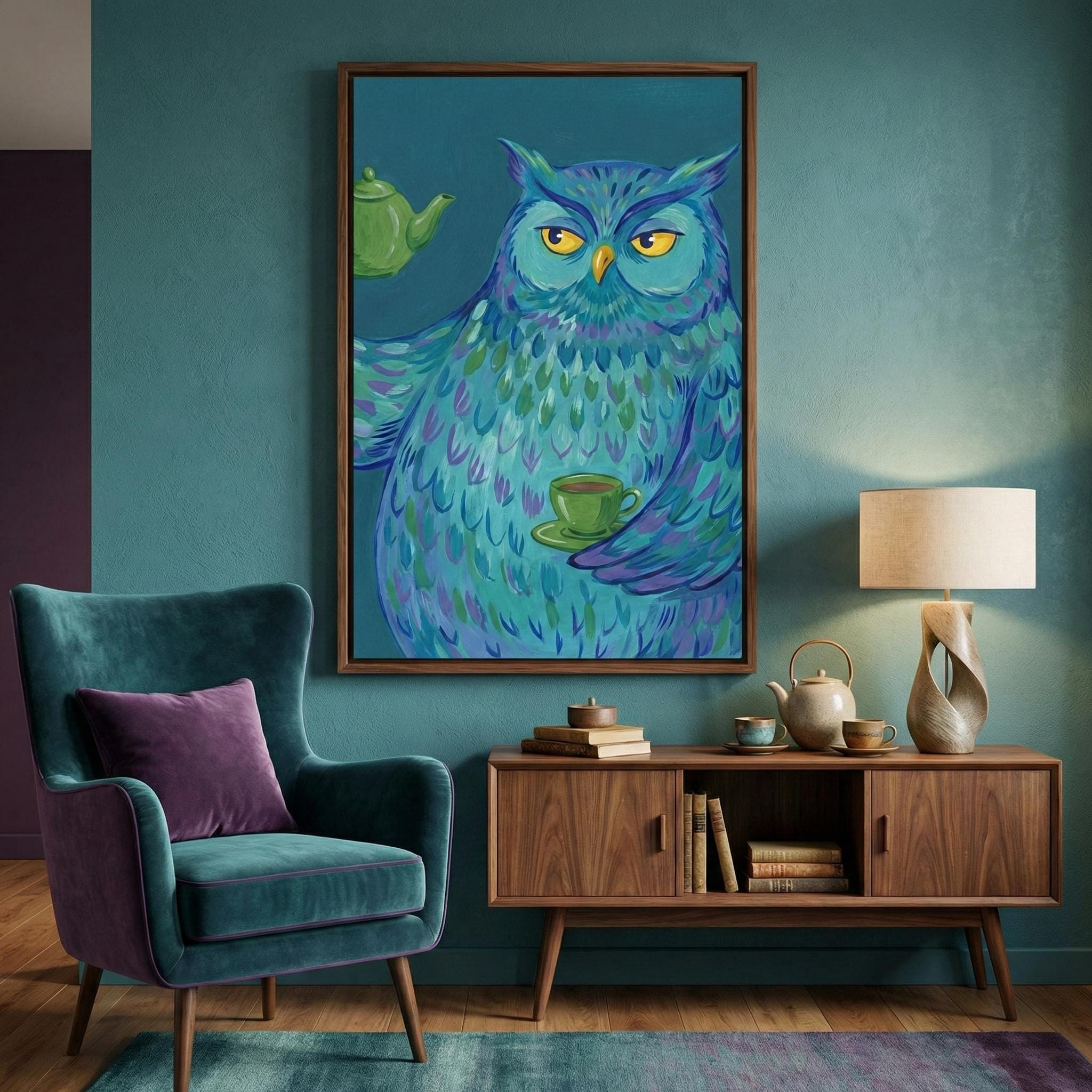 Funny Blue Owl Art Print: Whimsical Tea Time Kitchen Decor