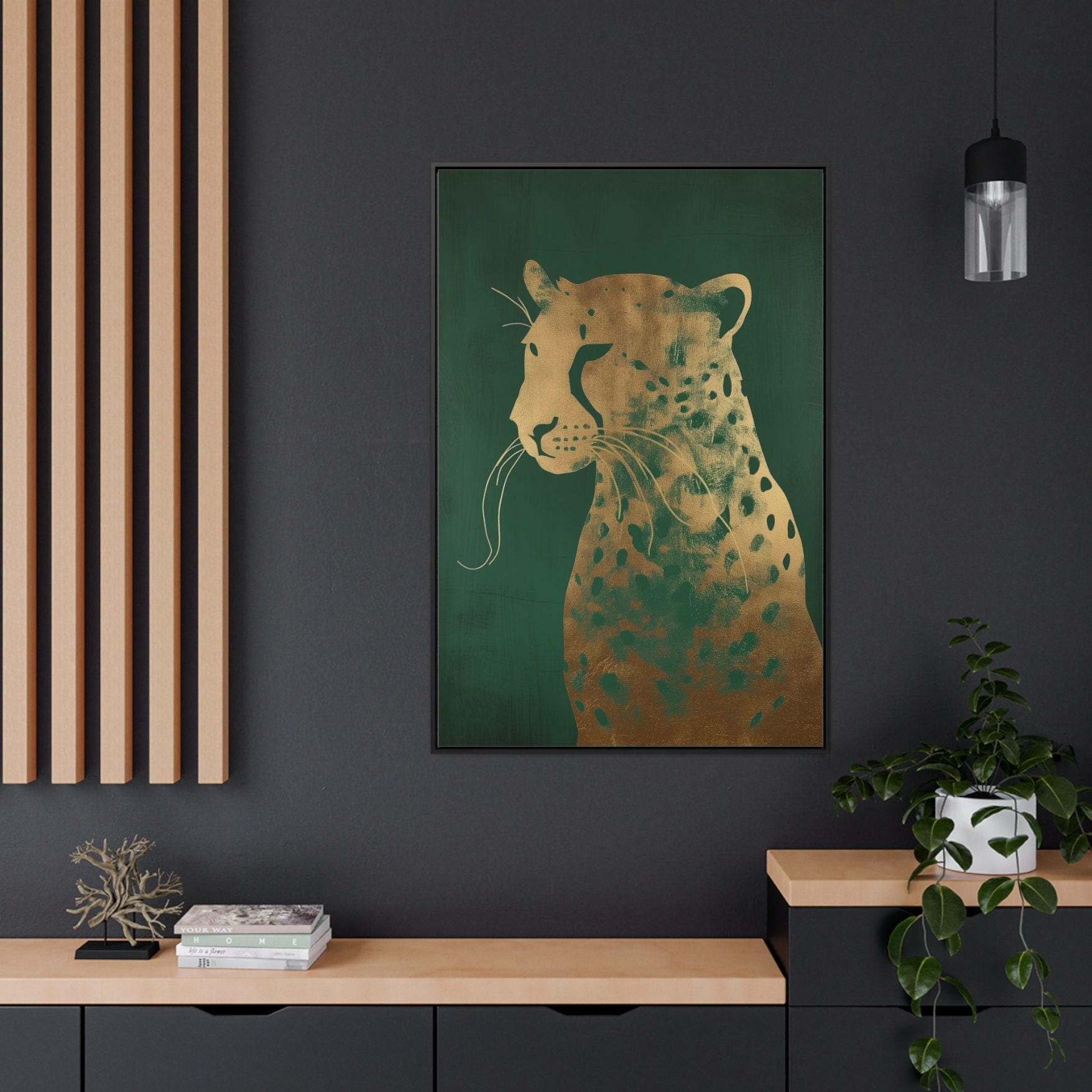 Green and Gold Leopard Art: Maximalist Emerald Wall Decor