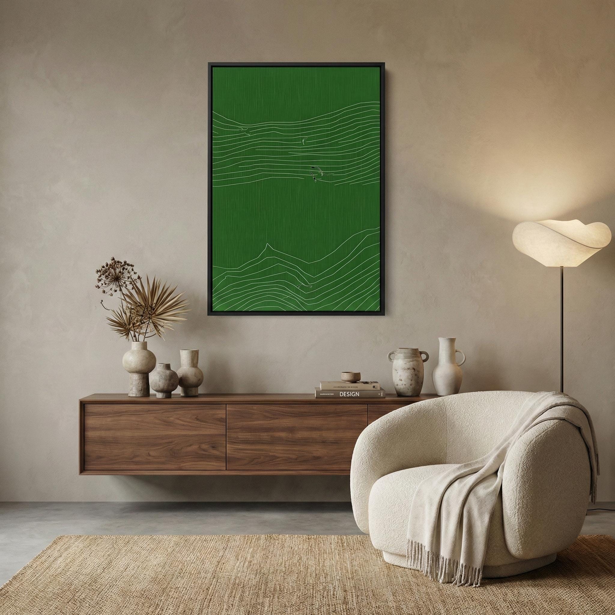 Zen Inspired Canvas Art, Minimalist Green Line Drawing (Ready to Hang)