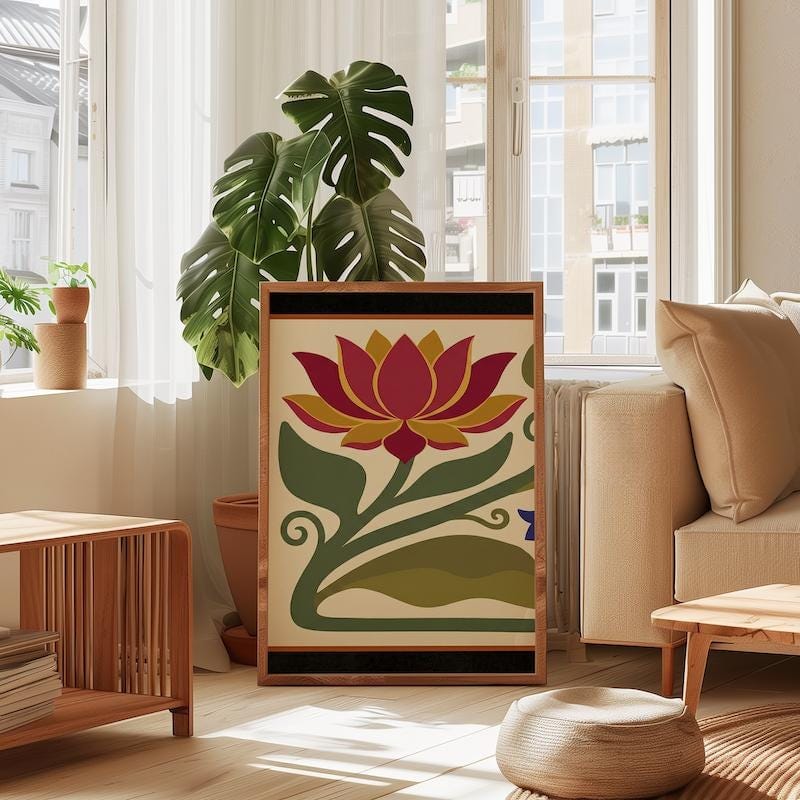 Floral Wall Art Print: Red Lotus and Bluebell - Arts & Crafts Style