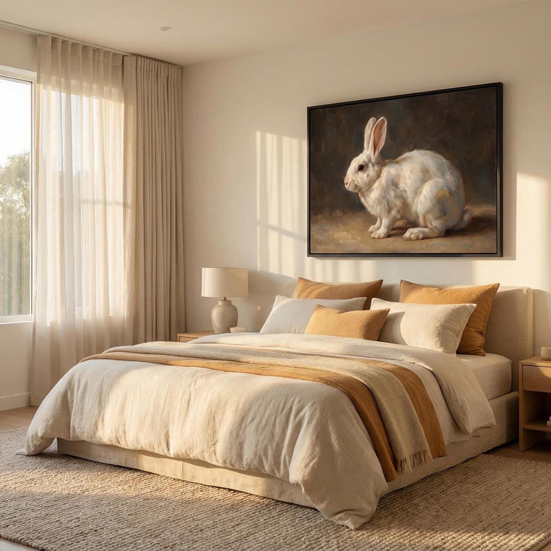 Vintage White Rabbit Painting, Moody Woodland Animal Wall Art, Cottagecore Bunny Print, Farmhouse