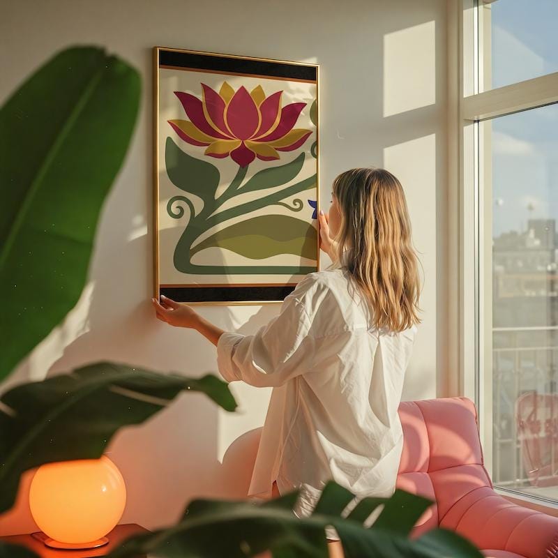 Floral Wall Art Print: Red Lotus and Bluebell - Arts & Crafts Style