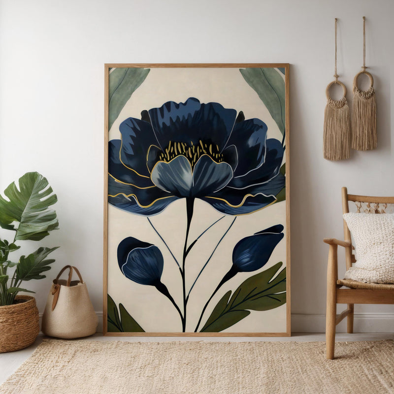 Navy Blue Floral Art – Dramatic Floral Canvas | Elegant Botanical Wall Decor