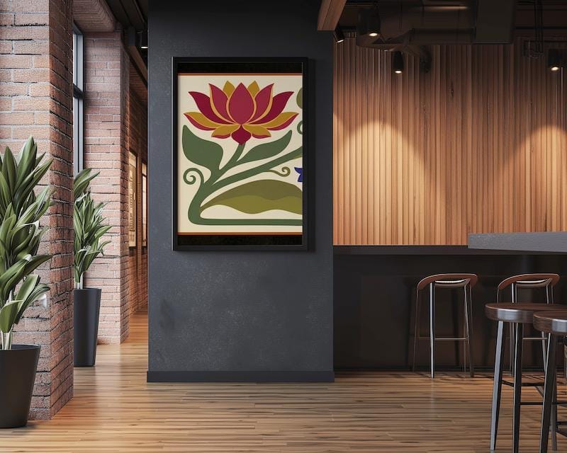 Floral Wall Art Print: Red Lotus and Bluebell - Arts & Crafts Style