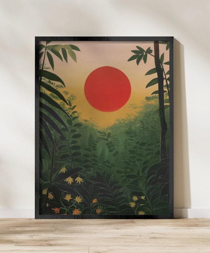 Tropical Forest Print: Red Sun Sunrise Landscape (Canvas or Framed)