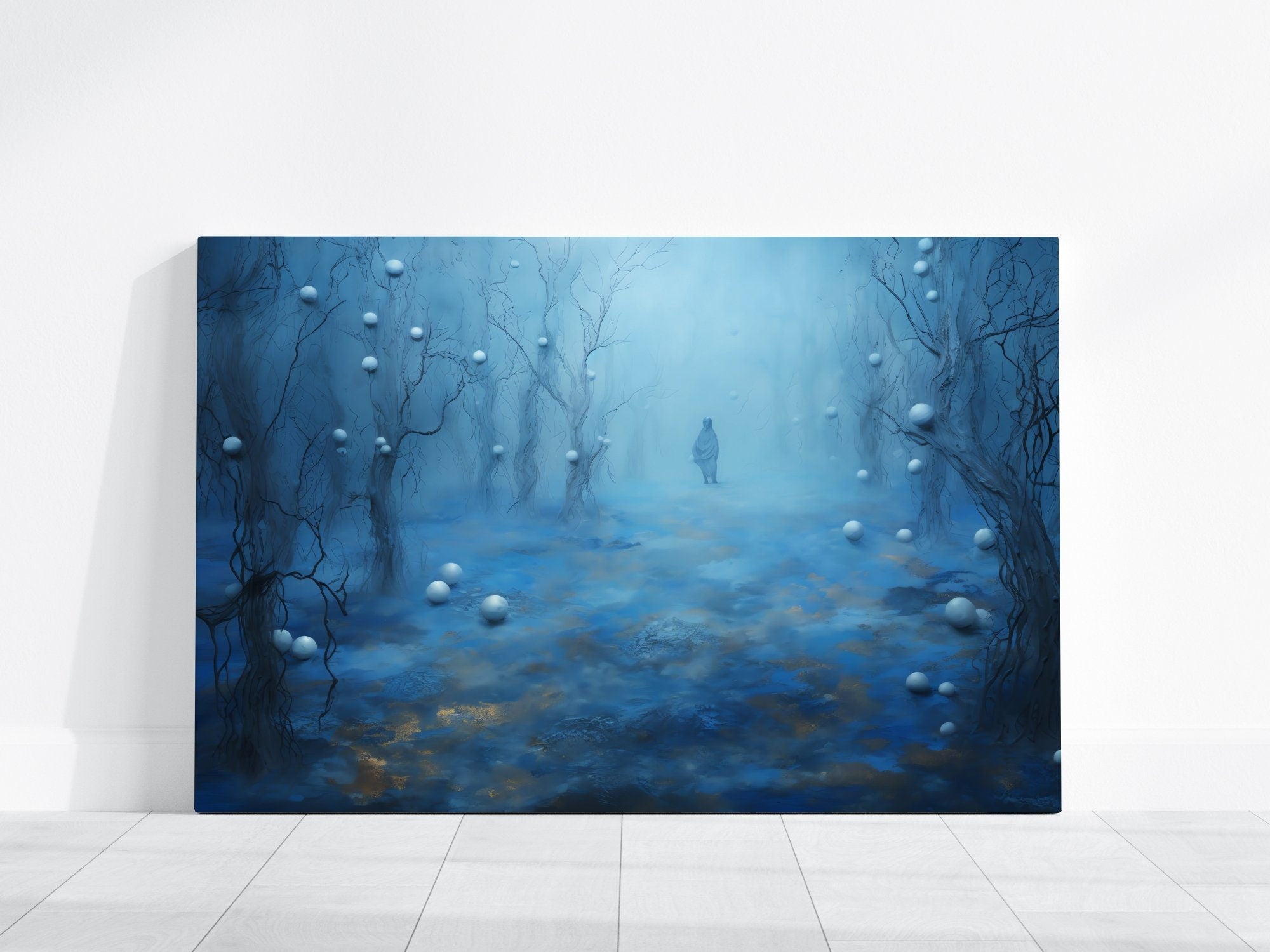 Mystical Forest Path Art Print | Framed Impressionist Blue & Gold Wall Decor