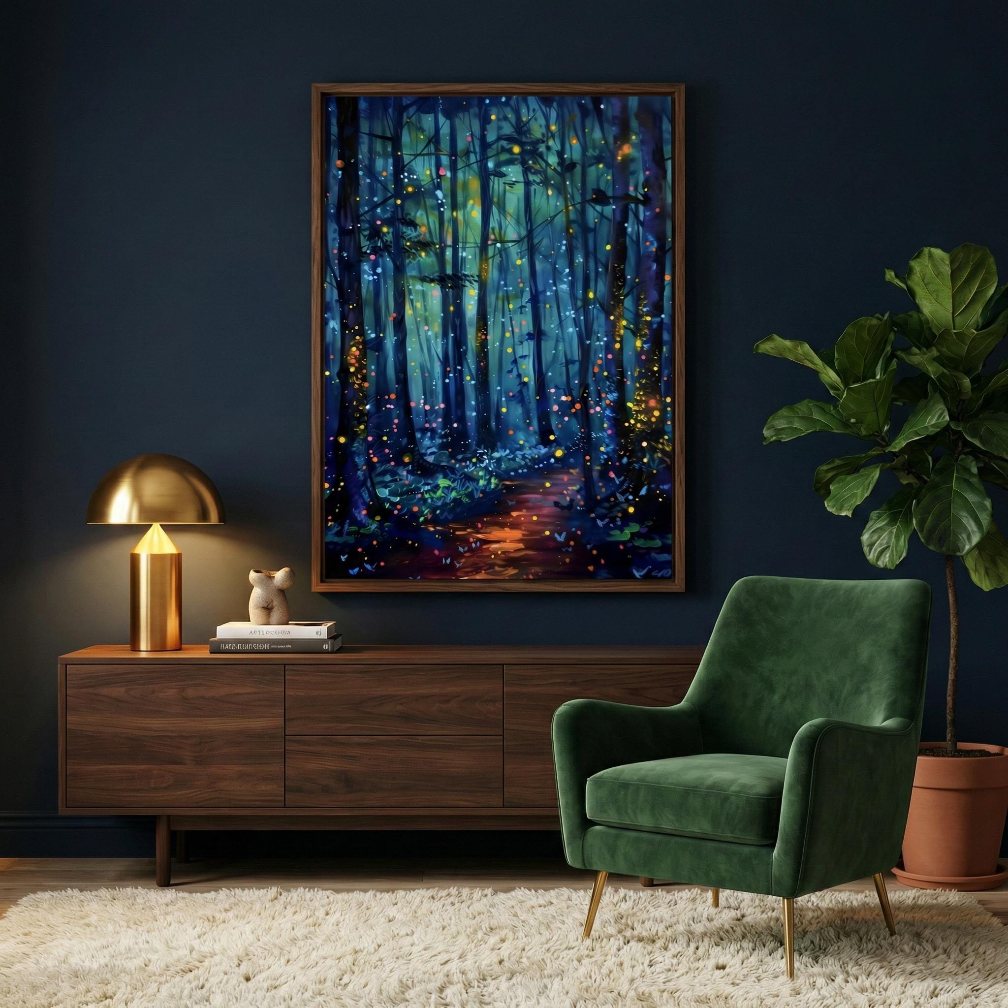 Enchanted Forest Wall Art: Glowing Fireflies, Night Path