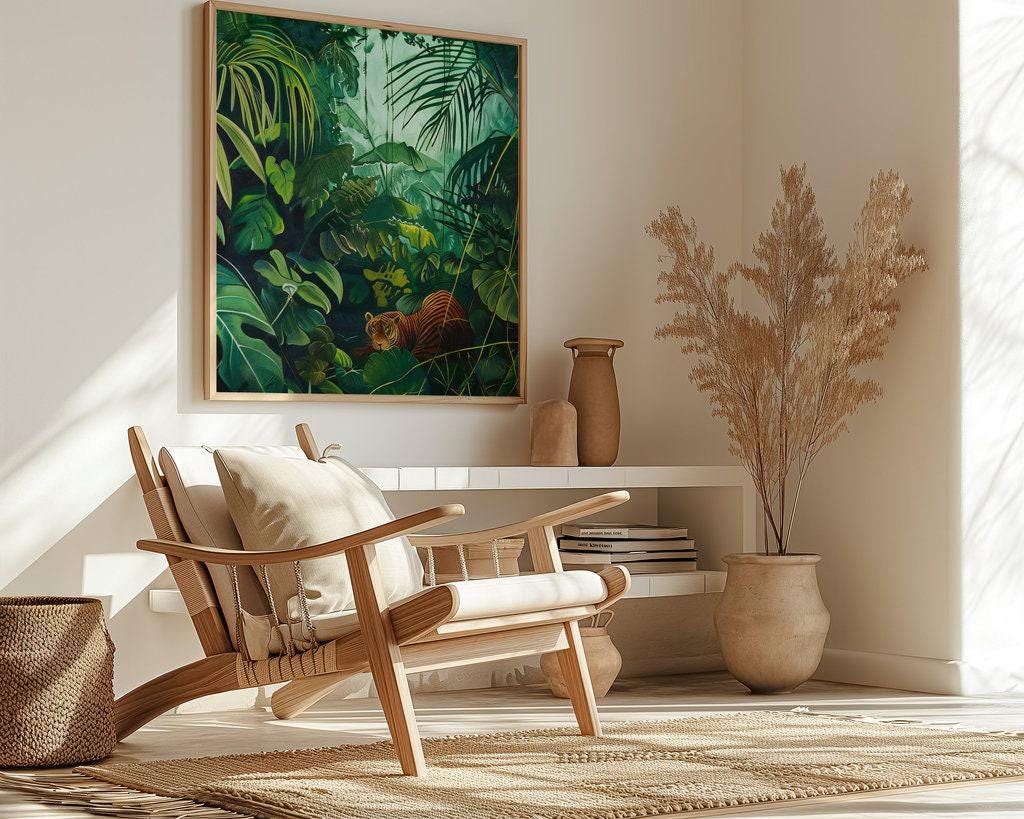 Jungle Serenity: Majestic Tiger Resting in Tropical Art | Green Wildlife Decor