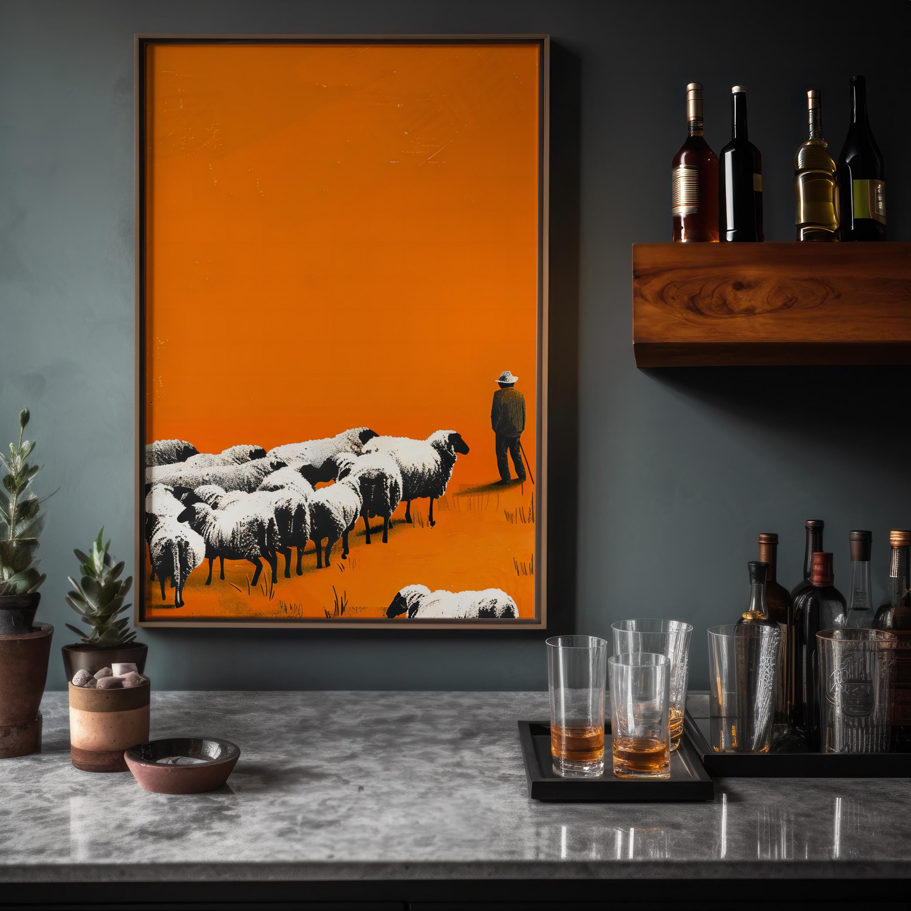 The Shepherd: Minimalist Street Art Style Print | Orange & Black Landscape Decor