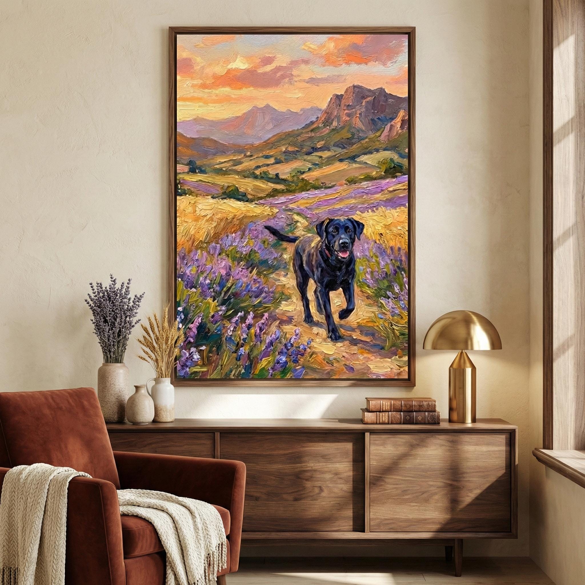 Black Labrador Canvas Art, Lavender & Wheat Field Landscape (Ready to Hang)