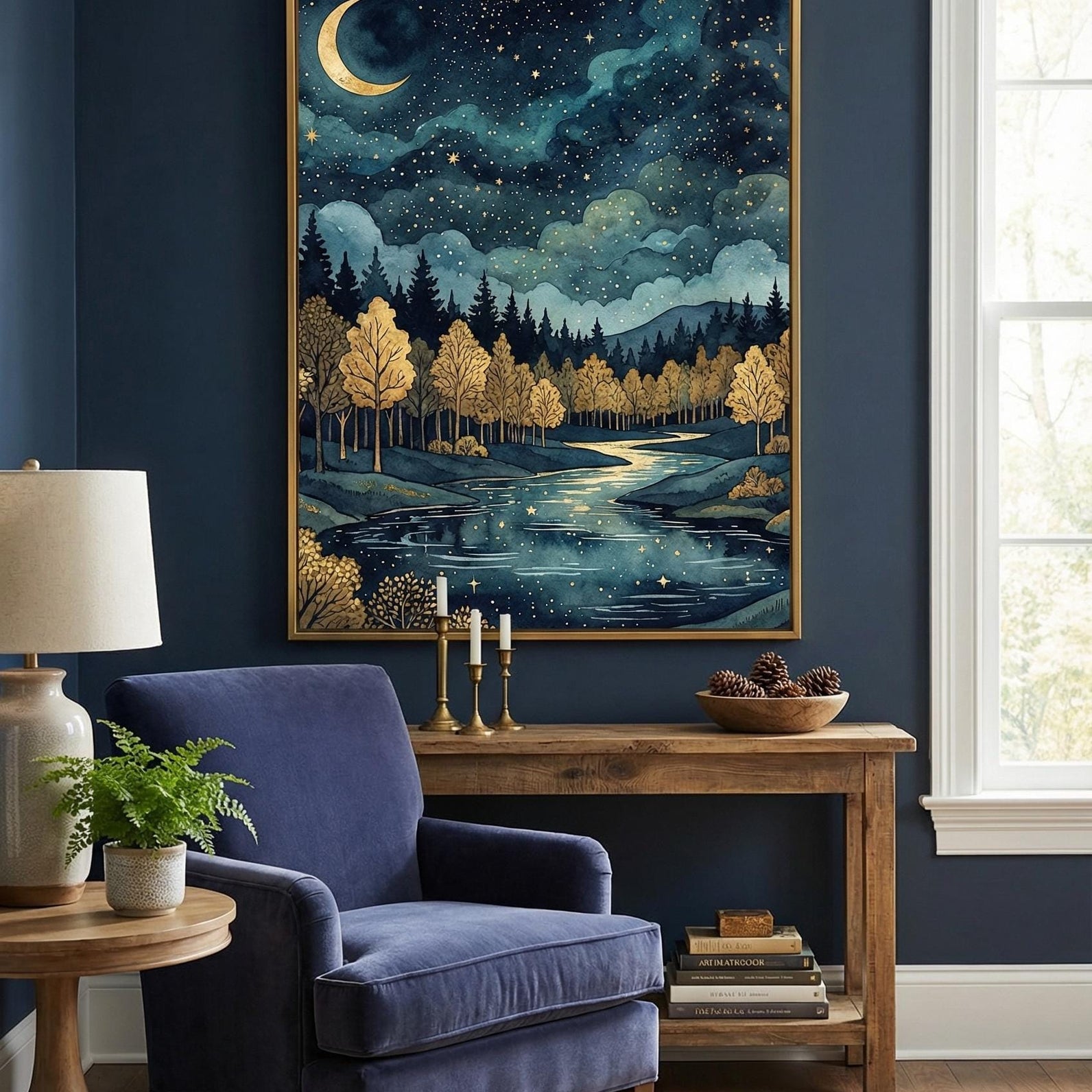 Wall Art Print: Golden Moon and Stars - Blue Abstract Design
