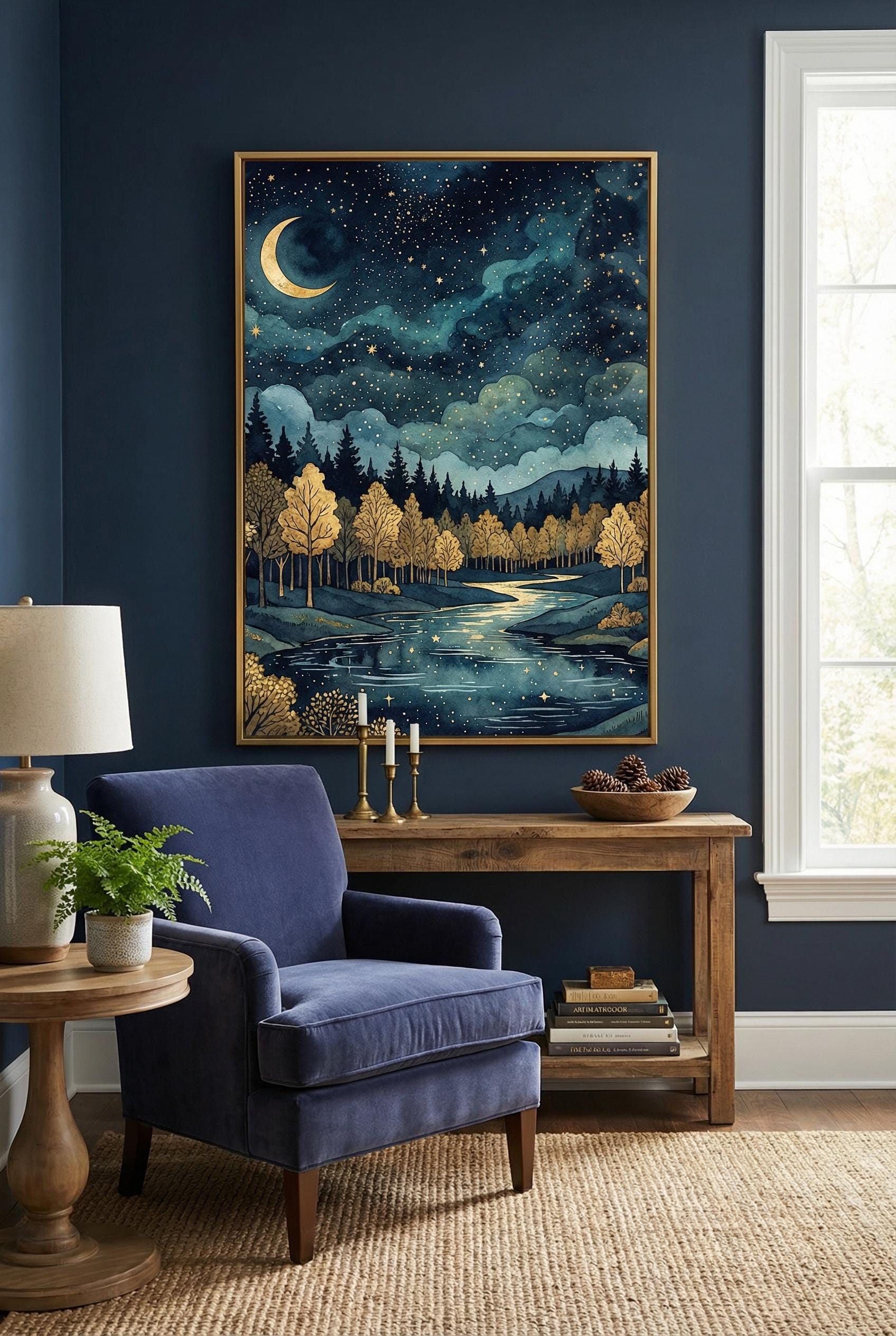 Wall Art Print: Golden Moon and Stars - Blue Abstract Design